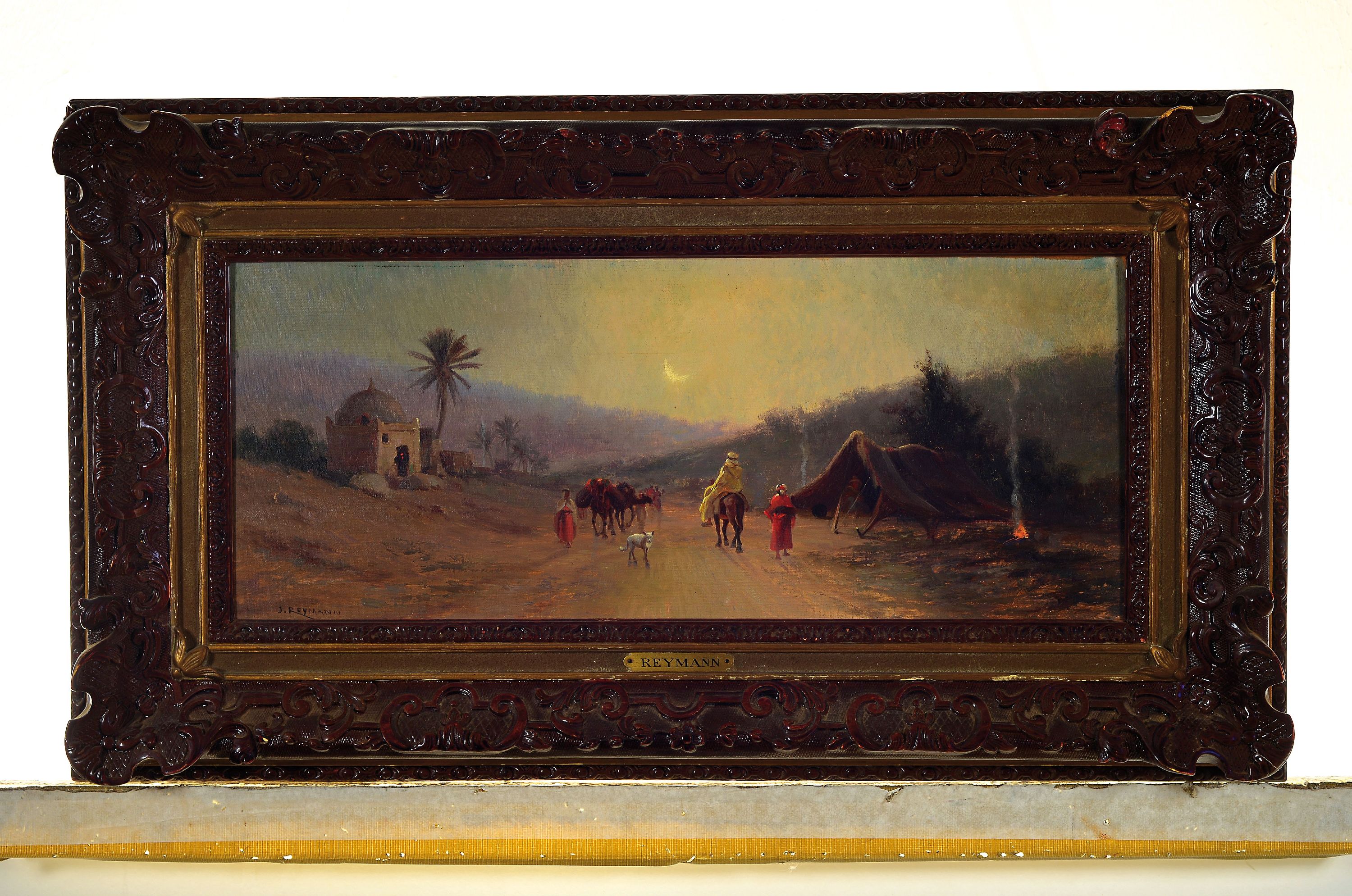 Detail k: Joseph Jacques Reymann, geb. 1848, Abendstimmung über einem Beduinenlager am Wüstenrand, Öl/Lwd, links unten signiert, ca. 21x50cm, R. ca. 38x68cm