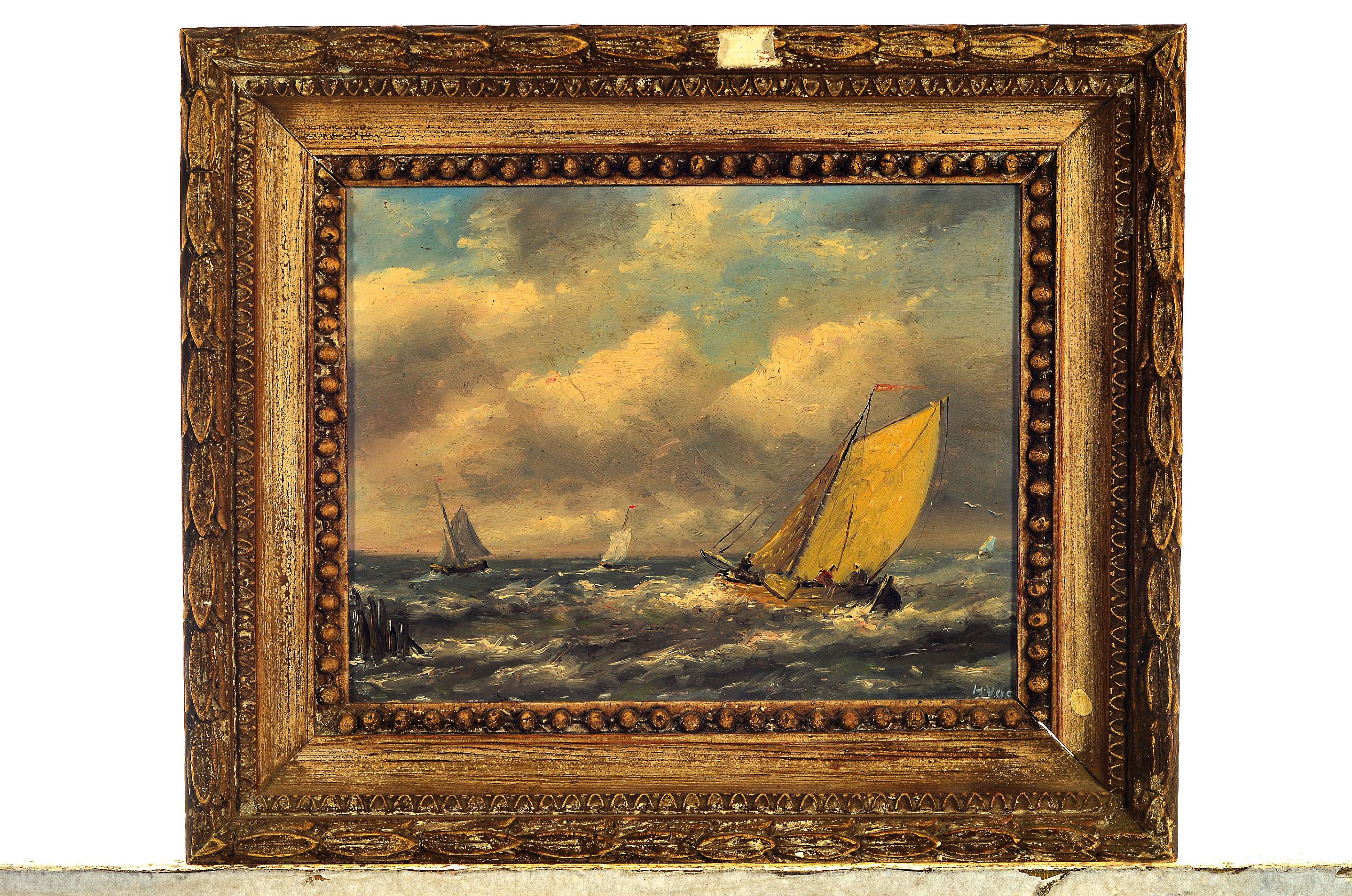 Detail k: H. Vos, niederländischer Maler, frühes 20. Jh., zwei Arbeiten in Öl auf Holz, 1x Segelboote auf bewegter See, rechts unten signiert, ca. ...