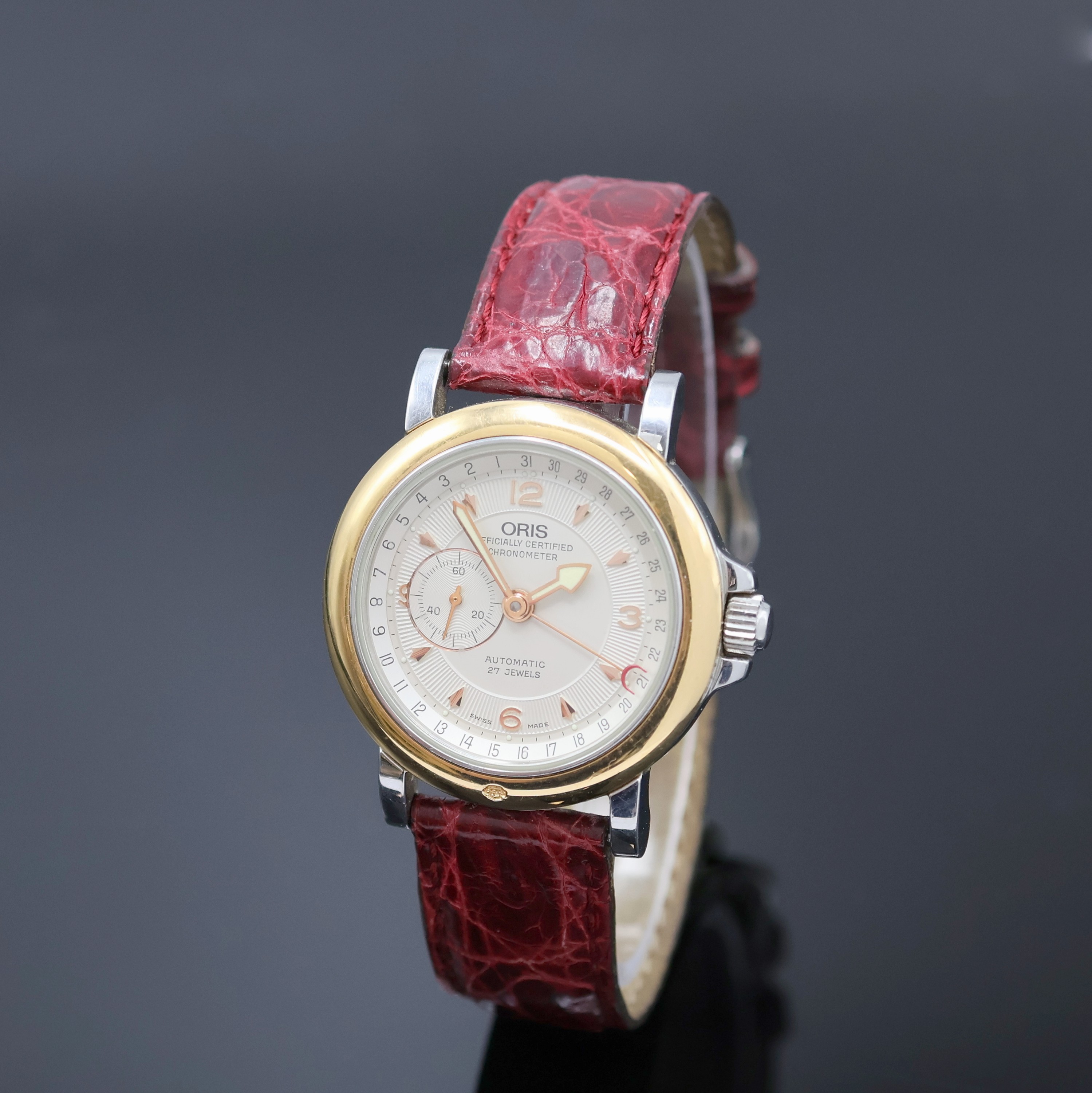 ORIS Armbandchronometer Referenz 7467B, Schweiz um 1990, Automatik, beids. vergl., Krone verschr., Lederband m. orig. Dornschl., Saphirglas, silb. ...