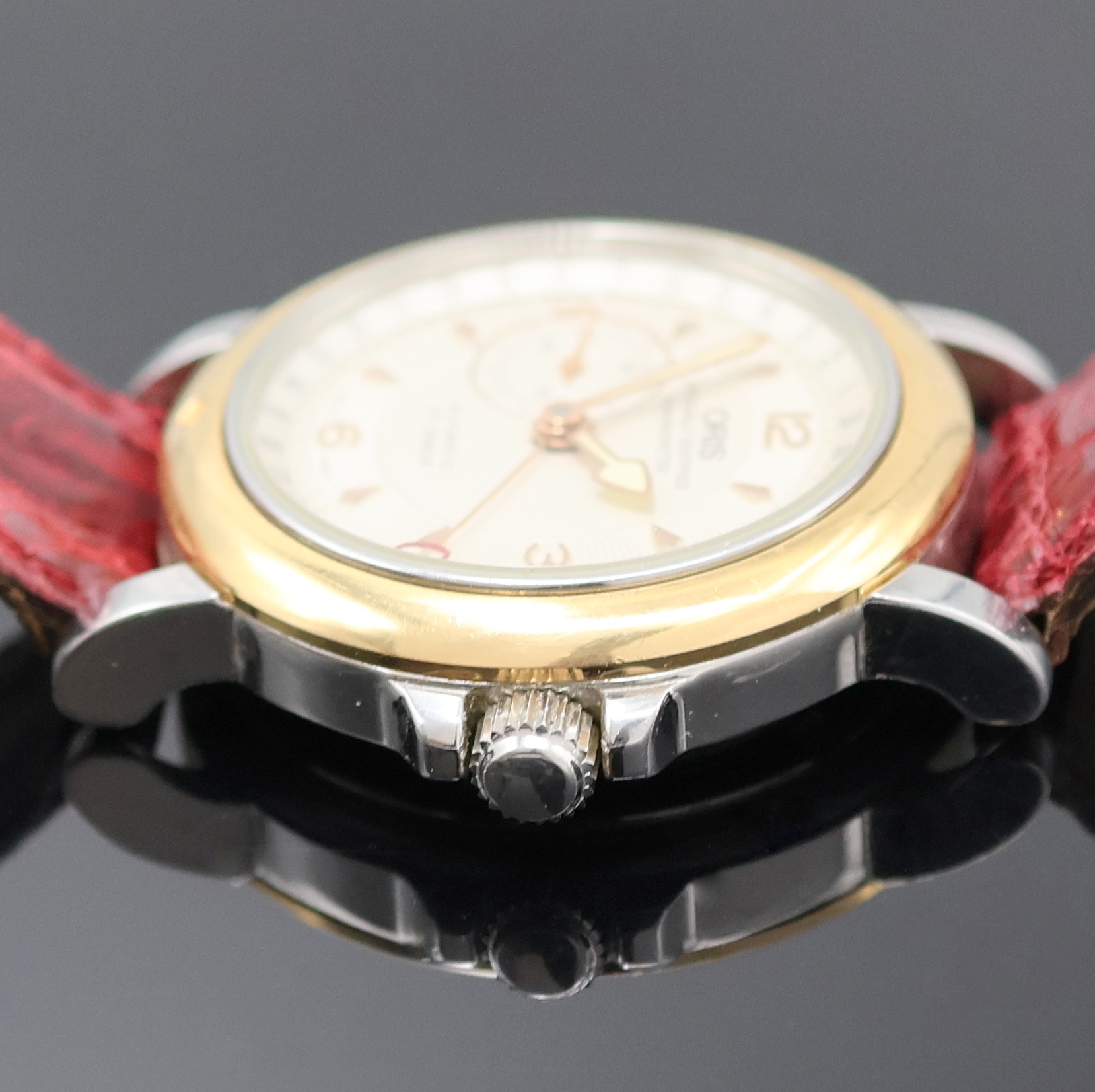 Detail c: ORIS Armbandchronometer Referenz 7467B, Schweiz um 1990, Automatik, beids. vergl., Krone verschr., Lederband m. orig. Dornschl., Saphirglas, silb. ...