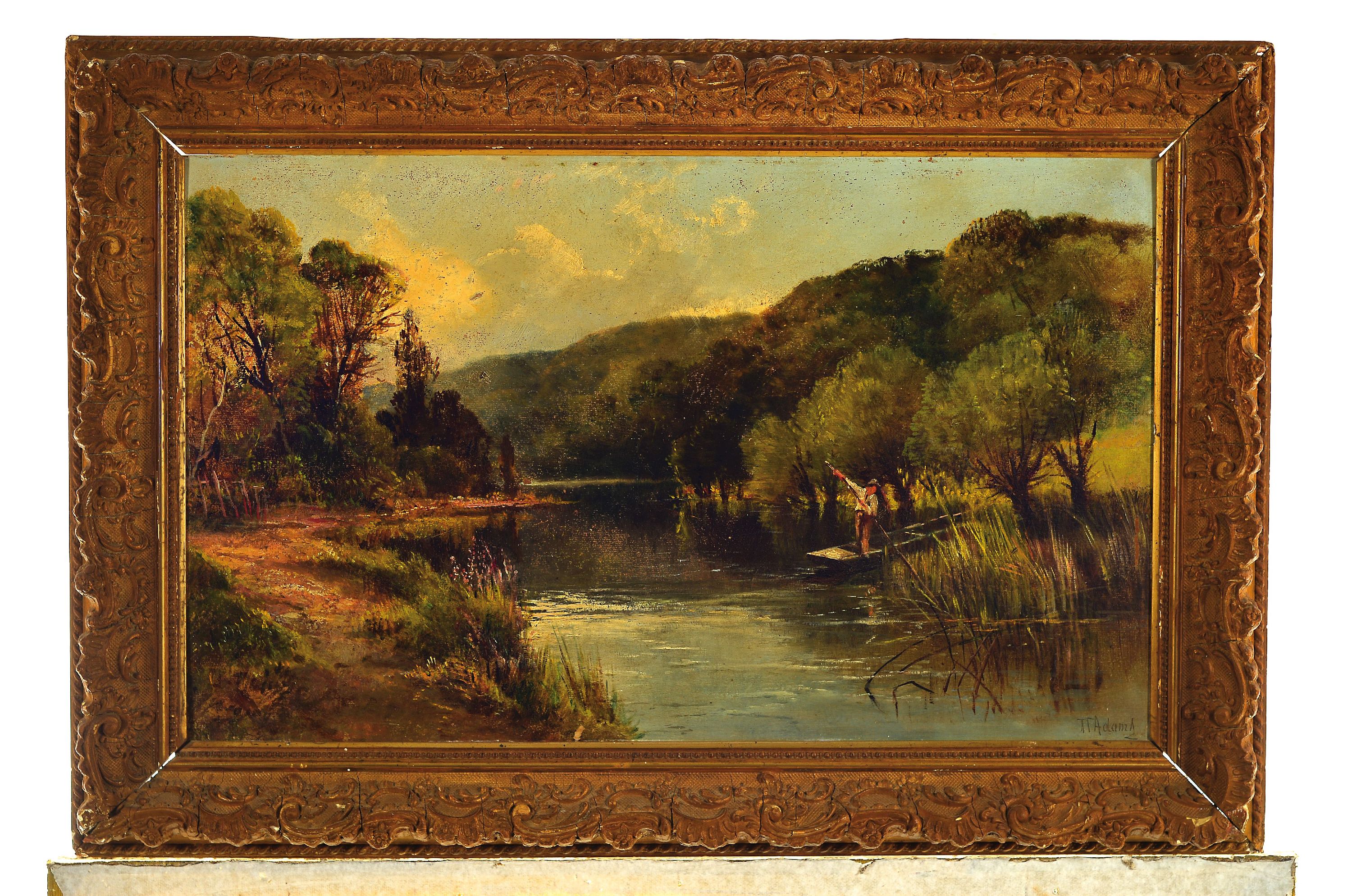Detail k: T.T. Adams, englischer Maler, um 1900, Landschaft mit Flusstal und einem Fischer im Schilf, Öl/Malkarton (gewölbt), rechts unten signiert, ca. ...