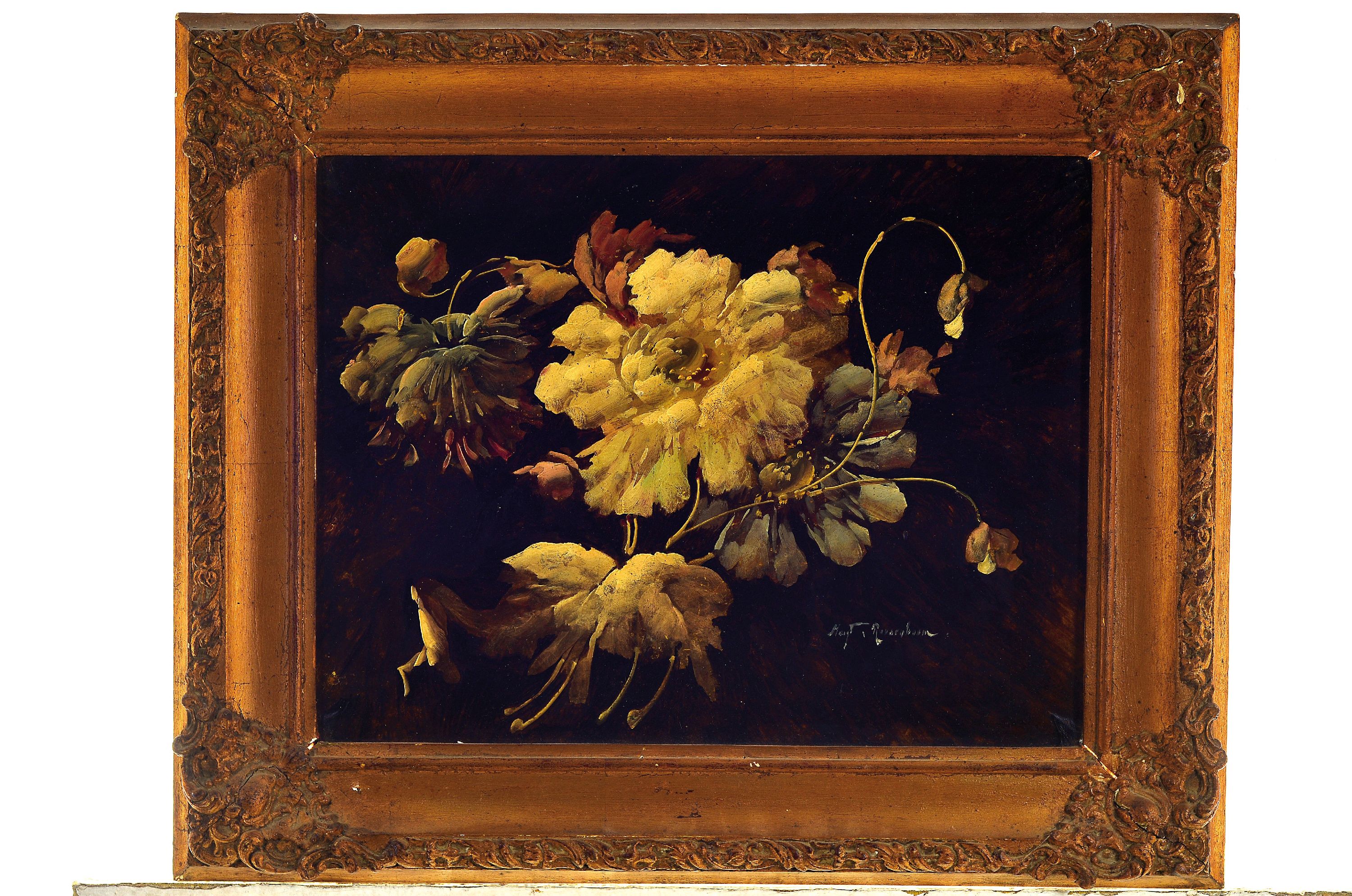 Detail k: Mayr-Roosenbaum, Maler um 1900, Blumenstillleben auf schwarzem Grund, Öl/Malkarton, rechts unten signiert, ca. 38x48cm, R. ca. 52x63cm