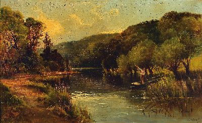Image T.T. Adams, English painter, around 1900, landscape with river valley and a fisherman ...