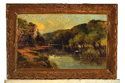 26936419k - T.T. Adams, englischer Maler, um 1900, Landschaft mit Flusstal und einem Fischer im ...
