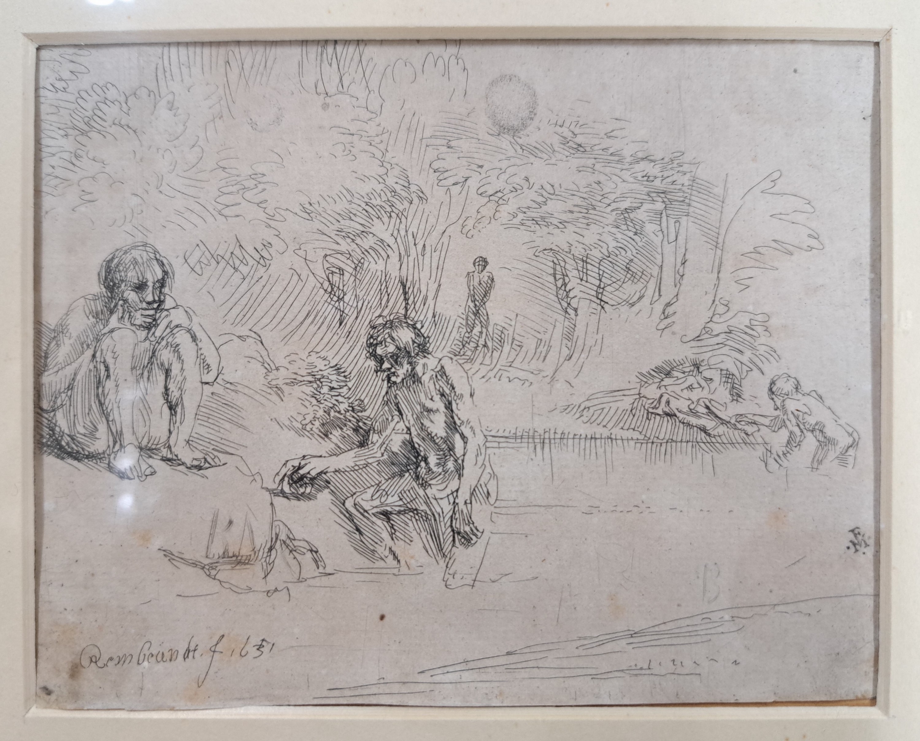 Detail n: Rembrandt Harmensz van Rijn, 1606 Leiden-1669 Amsterdam, Radierung, "Die badenden Männer",in der Platte sign., und dat. 1651, "Die 5 ...