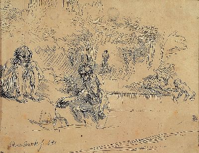 Image Rembrandt Harmensz van Rijn, 1606 Leiden-1669 Amsterdam, Radierung, "Die badenden ...