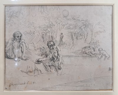 26936698n - Rembrandt Harmensz van Rijn, 1606 Leiden-1669 Amsterdam, Radierung, "Die badenden ...