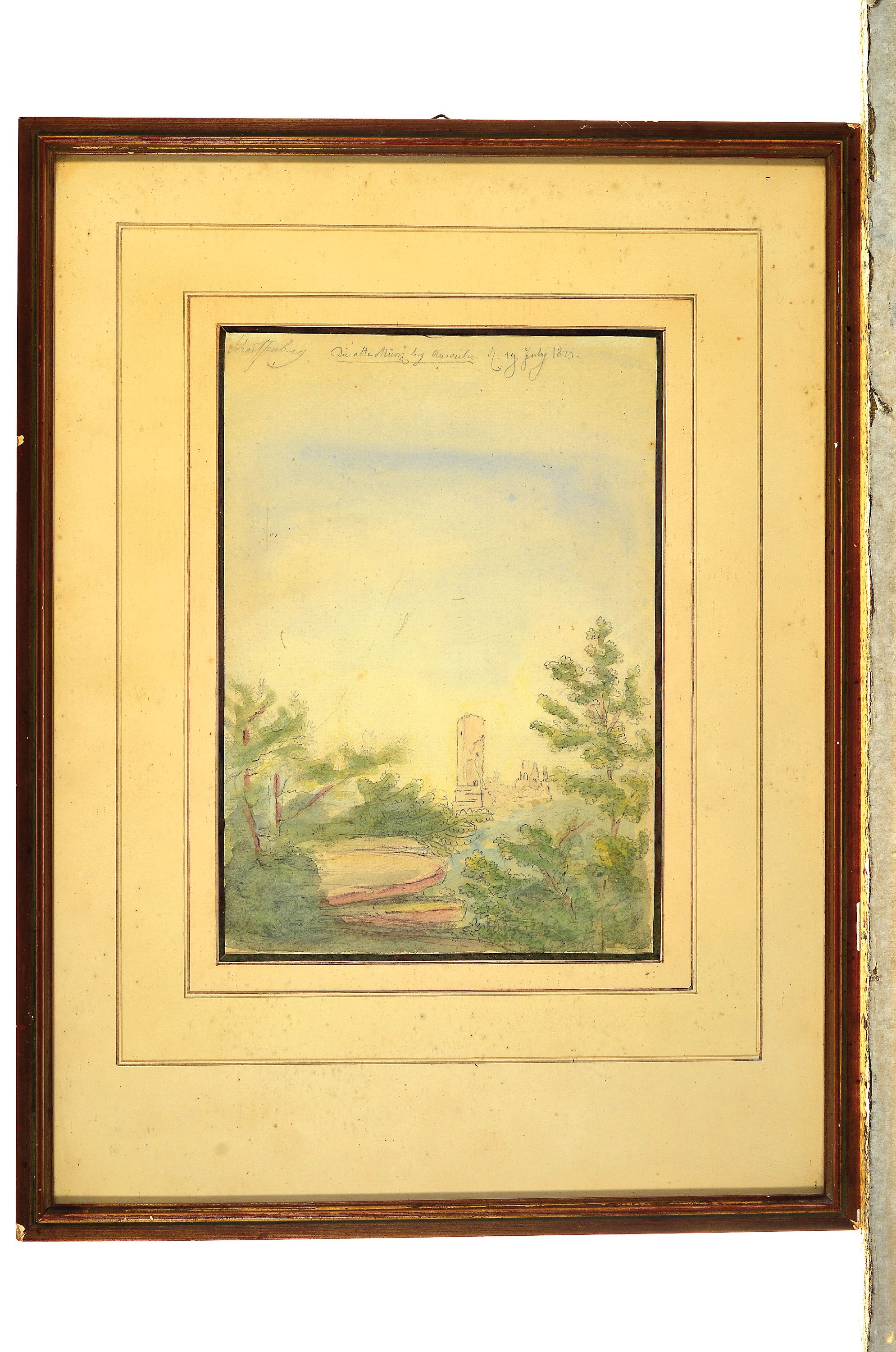 Detail k: Unbekannter Künstler, datiert 1821, Die alte Münz bei Annweiler, Aquarell über Bleistift, oben links bez. Scharffenberg, mittig oben Titel, rechts ...