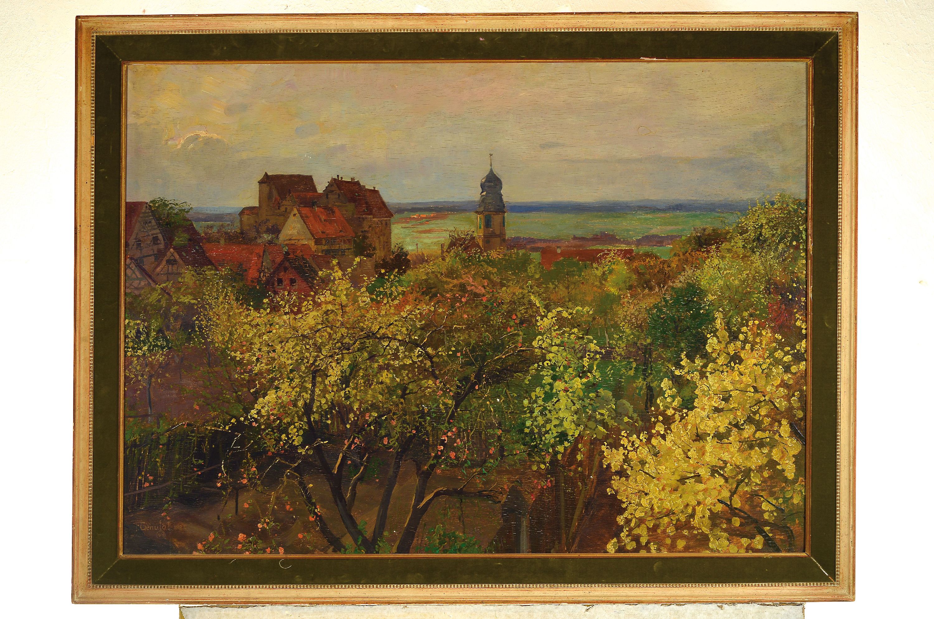 Detail k: Fritz Genutat, 1876-1958 Berlin, Blick über blühende Bäume auf ein mittelalterliches Dorf, Öl/Holz, links unten sign. und dat. 1921, num. 49, ca. ...