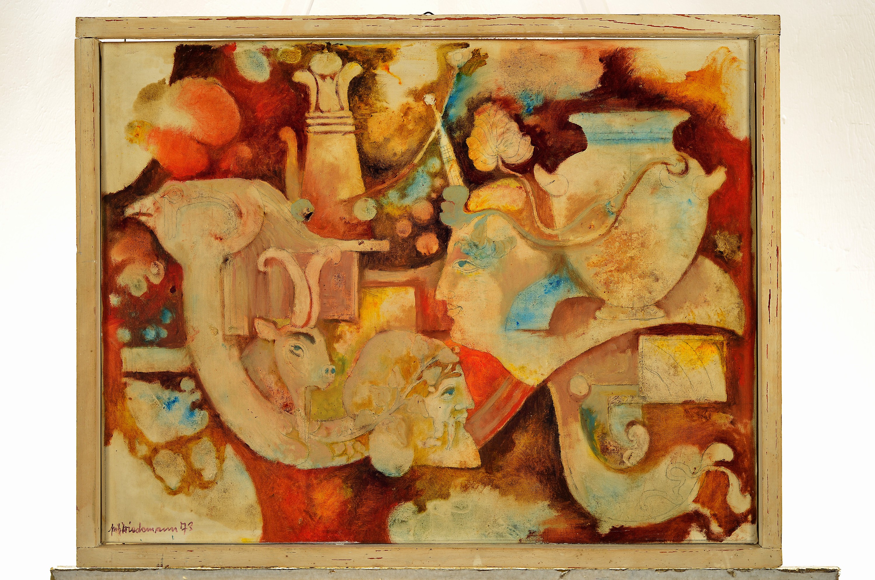 Detail a: Fritz Wiedemann, 1920-1987 Landau, 2 Arbeiten: 1x surrealistische Komposition mit Köpfen, Vase und Ziege, Öl/Lwd, links unten sign. und dat. 1973, ...