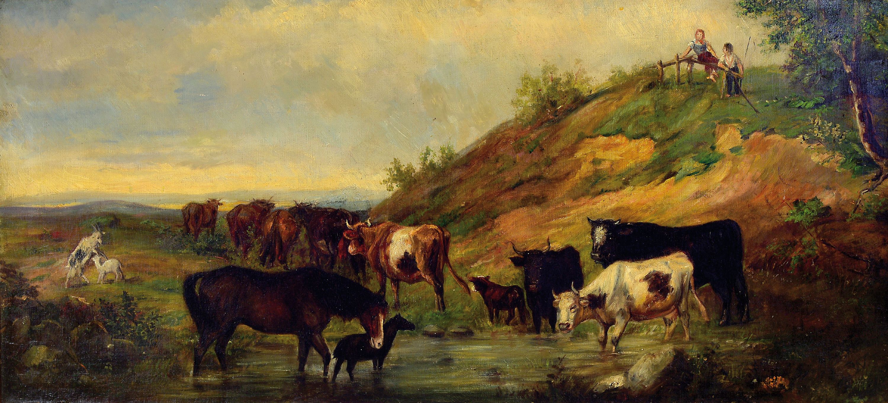 Image 26936833 - Monogrammist PW, datiert (19)82, Kühe, Pferd und Ziegen an der Tränke, oben die beiden ...