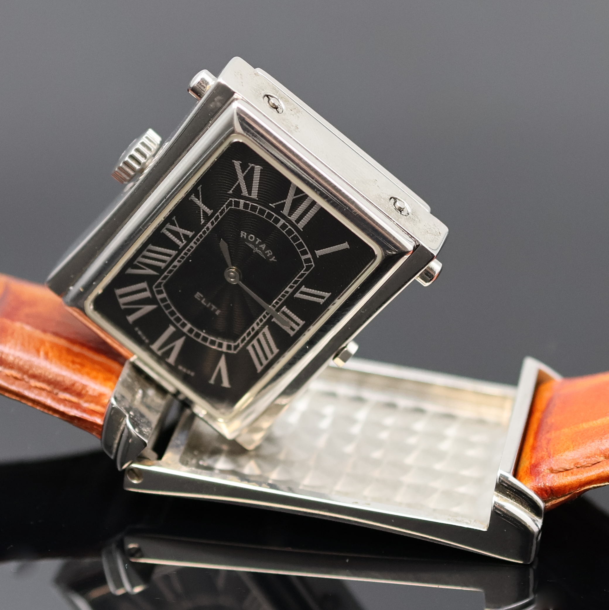 Detail g: ROTARY Herrenarmbanduhr Serie Elite Referenz 10830 mit 2 Zifferblättern, Schweiz um 2005, quarz, ausklappbares Wendegeh. in Stahl inkl. orig. ...