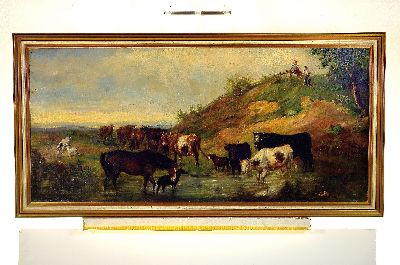 26936833k - Monogrammist PW, datiert (19)82, Kühe, Pferd und Ziegen an der Tränke, oben die beiden ...