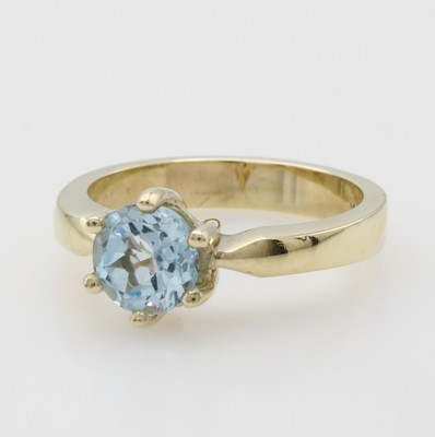 Image Ring mit Blautopas, GG 585/000, Blautopas (beh.) ca. 7 mm, Krappenfassung, RW ca. 56 ...