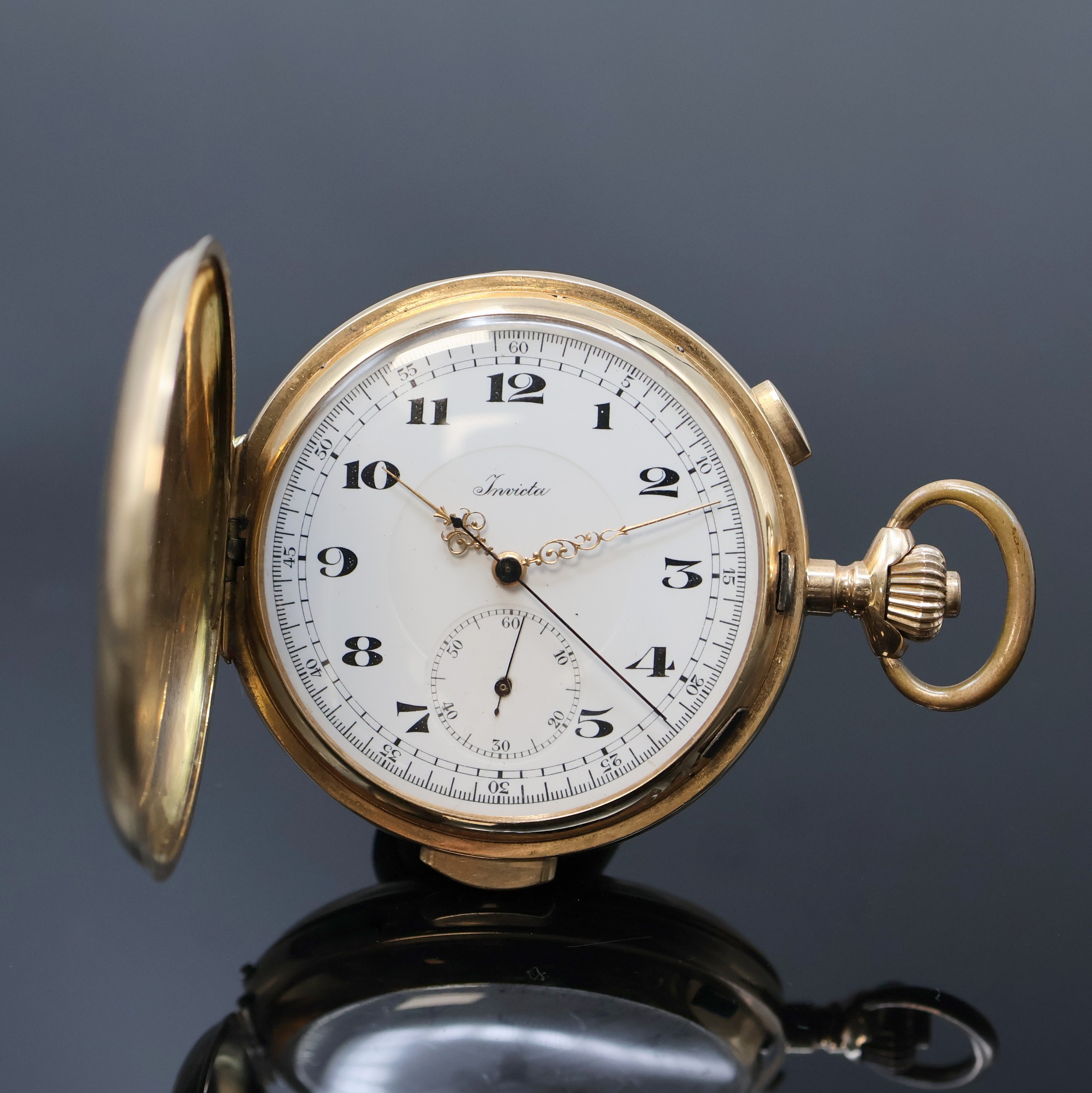 INVICTA Savonette Herrentaschenuhr in RG 585/000 mit 1/4 Stunden-Repetition und Schaltradchronograph, Schweiz um 1900, glattes 2-Deckel Goldgeh. ...