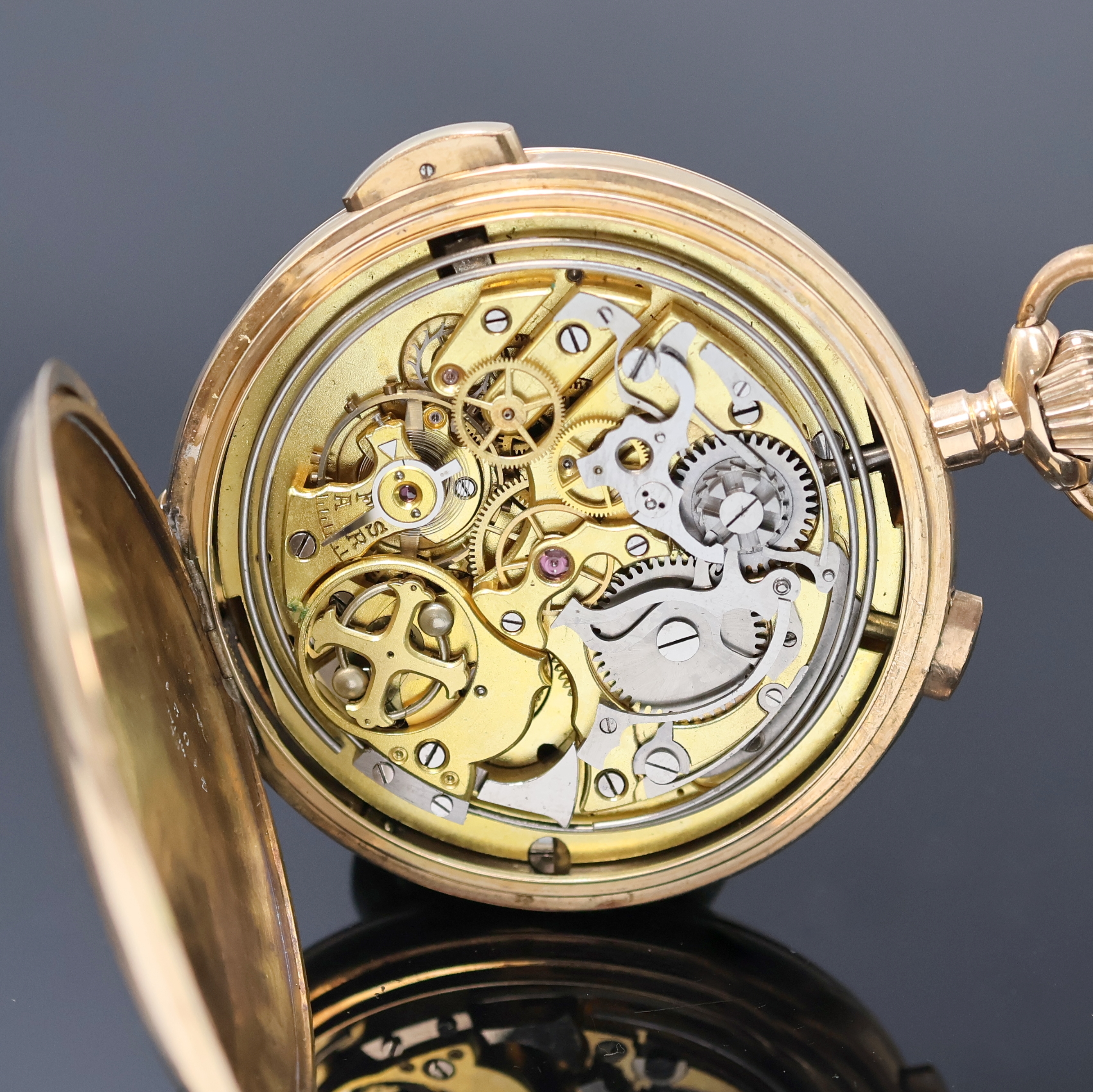 Detail f: INVICTA Savonette Herrentaschenuhr in RG 585/000 mit 1/4 Stunden-Repetition und Schaltradchronograph, Schweiz um 1900, glattes 2-Deckel Goldgeh. ...