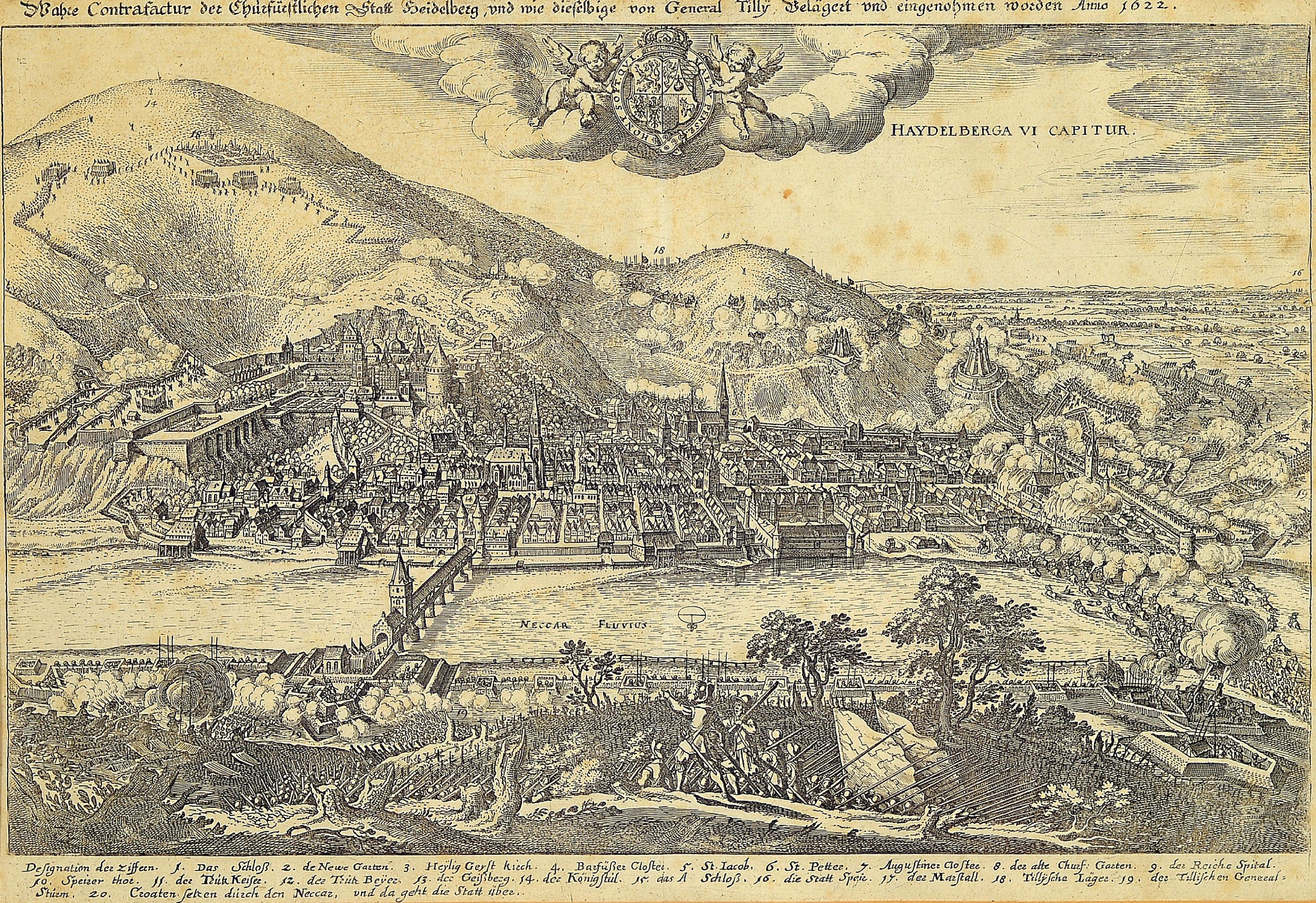 Detail a: Vier Kupferstiche zu Heidelberg, 18. Jh., a. Stadt Heidelberg mit Belagerung von 3 General Tilly 1622, ca. 27 x 40 cm, b. Das Churfürstliche ...