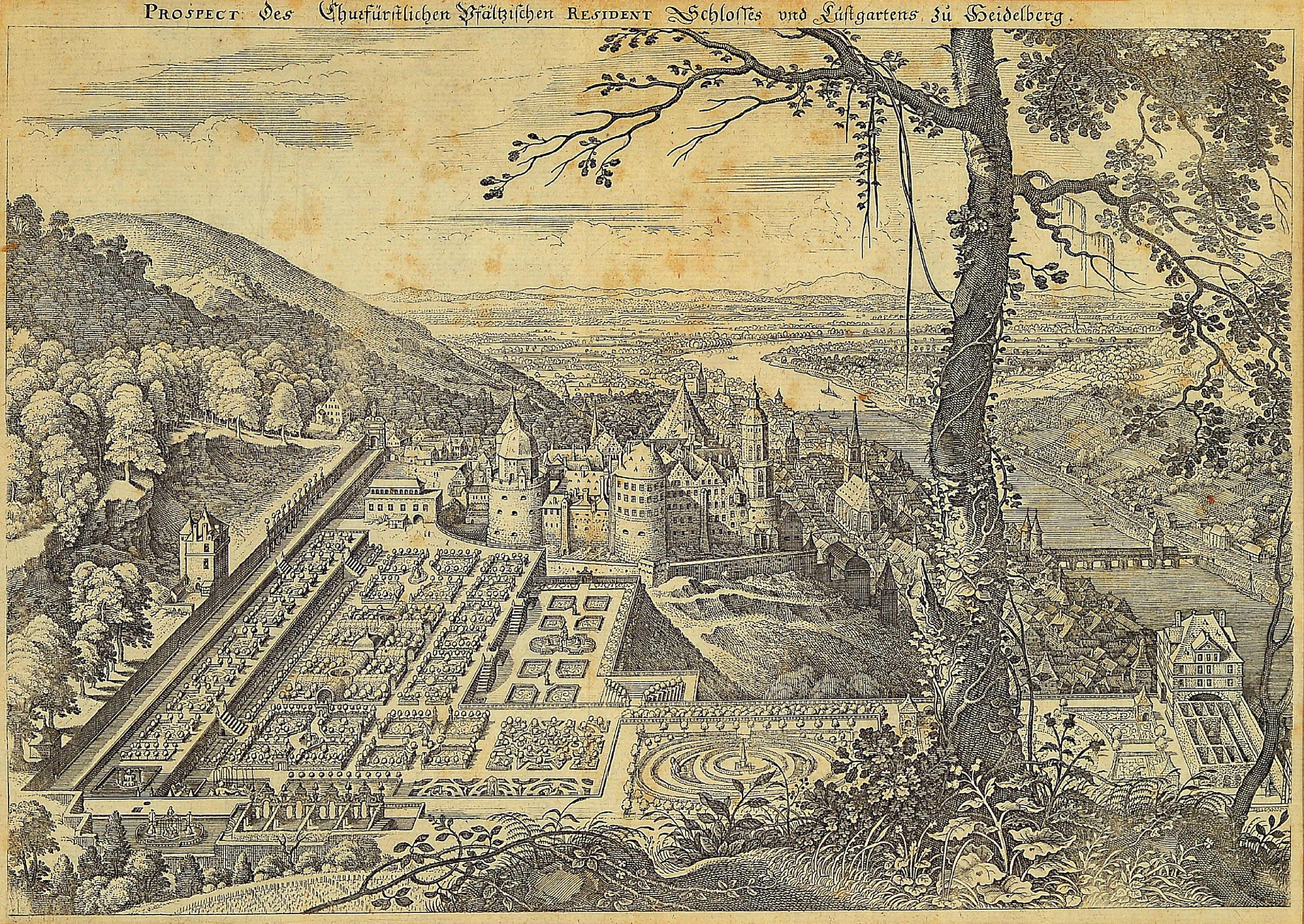 Detail c: Vier Kupferstiche zu Heidelberg, 18. Jh., a. Stadt Heidelberg mit Belagerung von 3 General Tilly 1622, ca. 27 x 40 cm, b. Das Churfürstliche ...