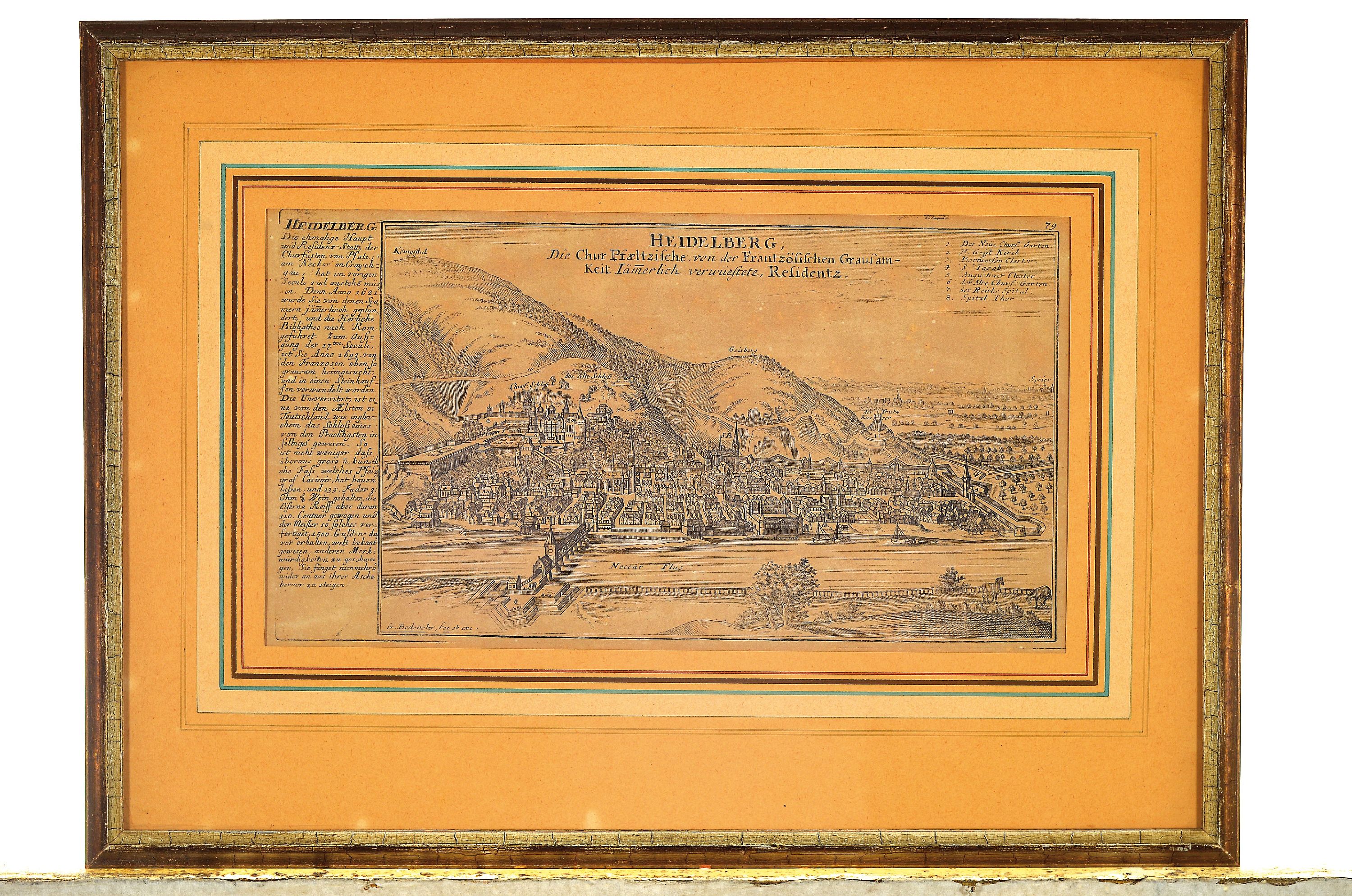 Detail k: Vier Kupferstiche zu Heidelberg, 18. Jh., a. Stadt Heidelberg mit Belagerung von 3 General Tilly 1622, ca. 27 x 40 cm, b. Das Churfürstliche ...