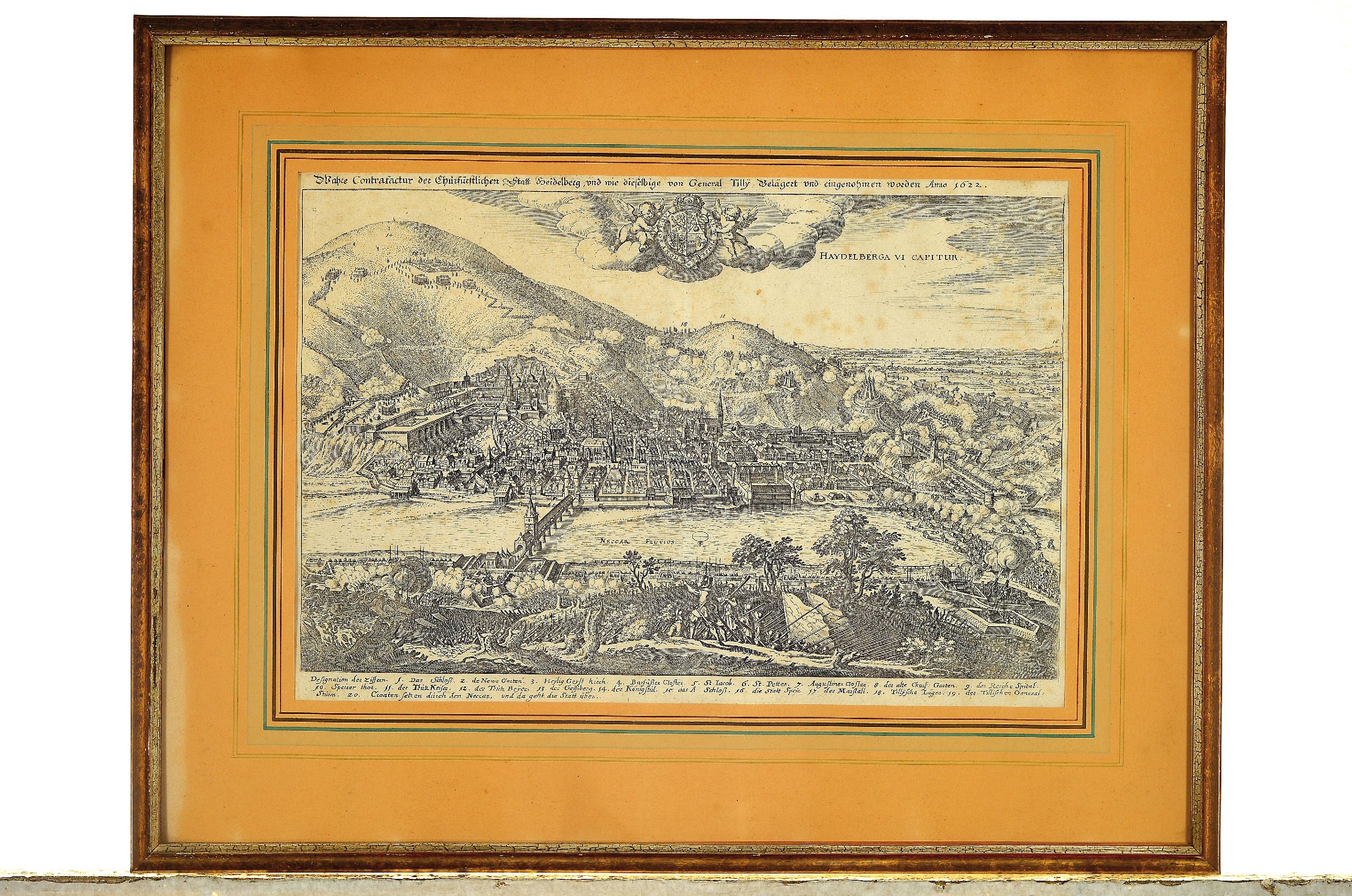 Detail l: Vier Kupferstiche zu Heidelberg, 18. Jh., a. Stadt Heidelberg mit Belagerung von 3 General Tilly 1622, ca. 27 x 40 cm, b. Das Churfürstliche ...