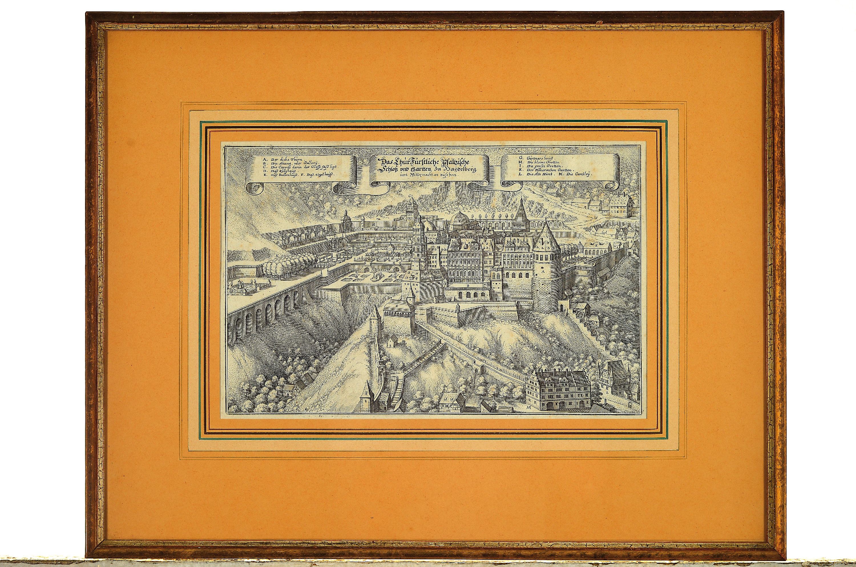 Detail m: Vier Kupferstiche zu Heidelberg, 18. Jh., a. Stadt Heidelberg mit Belagerung von 3 General Tilly 1622, ca. 27 x 40 cm, b. Das Churfürstliche ...