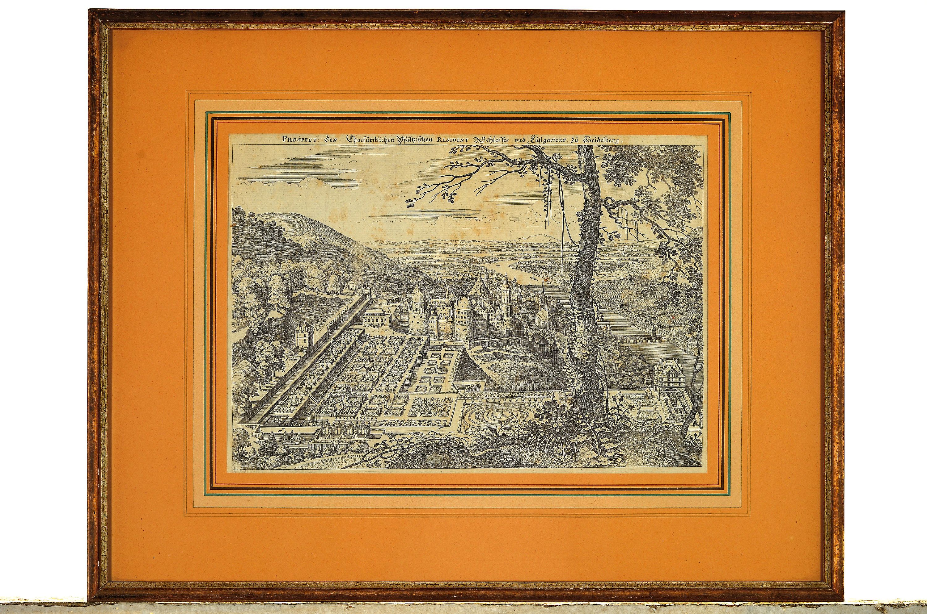 Detail n: Vier Kupferstiche zu Heidelberg, 18. Jh., a. Stadt Heidelberg mit Belagerung von 3 General Tilly 1622, ca. 27 x 40 cm, b. Das Churfürstliche ...