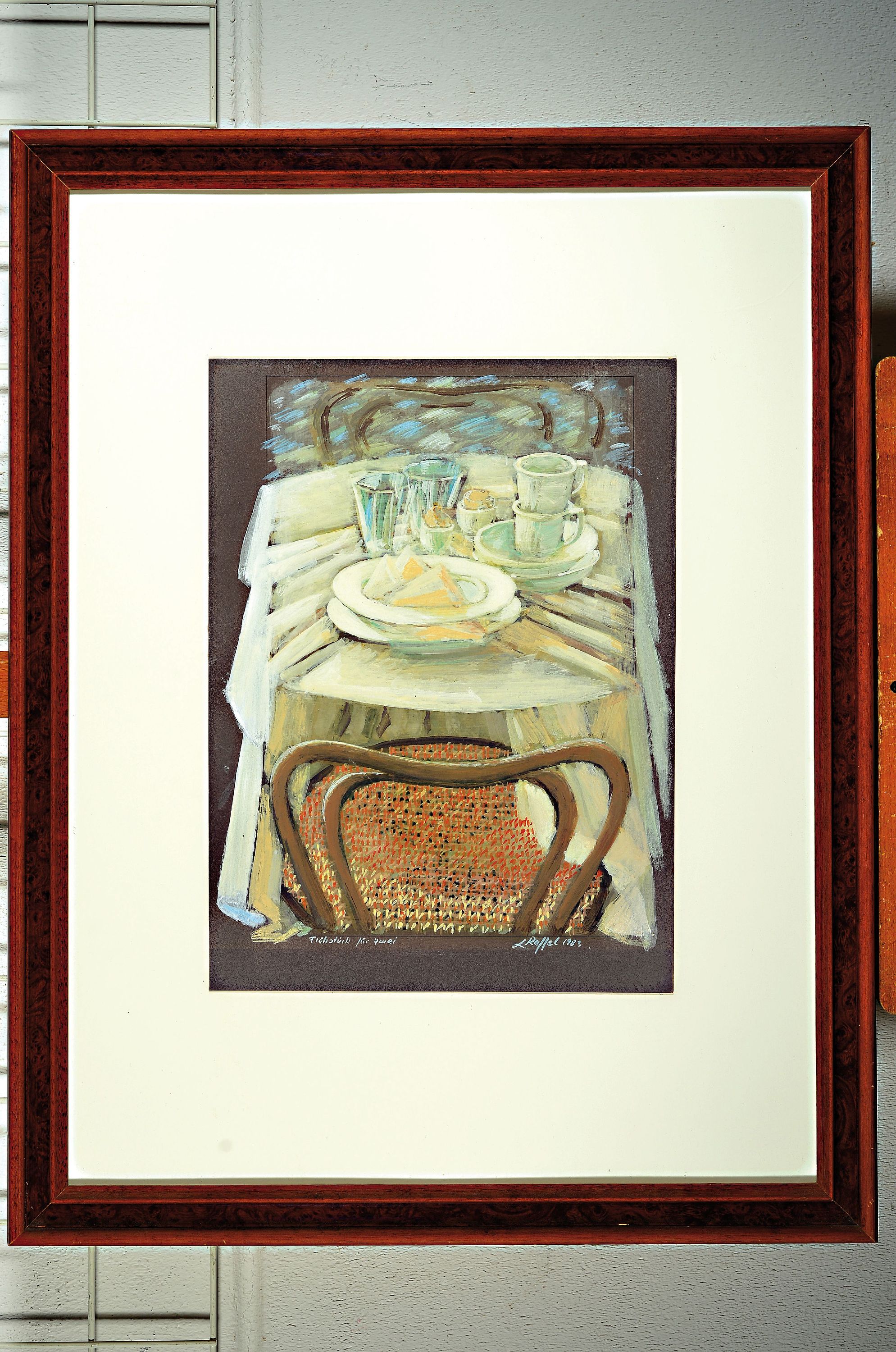 Detail k: Lutz Raffel, geb. 1943 Ostpreussen, Frühstück für zwei, Tempera auf Papier, betitelt, signiert und dat. 1983, ca. 48x35cm, u.Gl., R. ca. 84x66cm