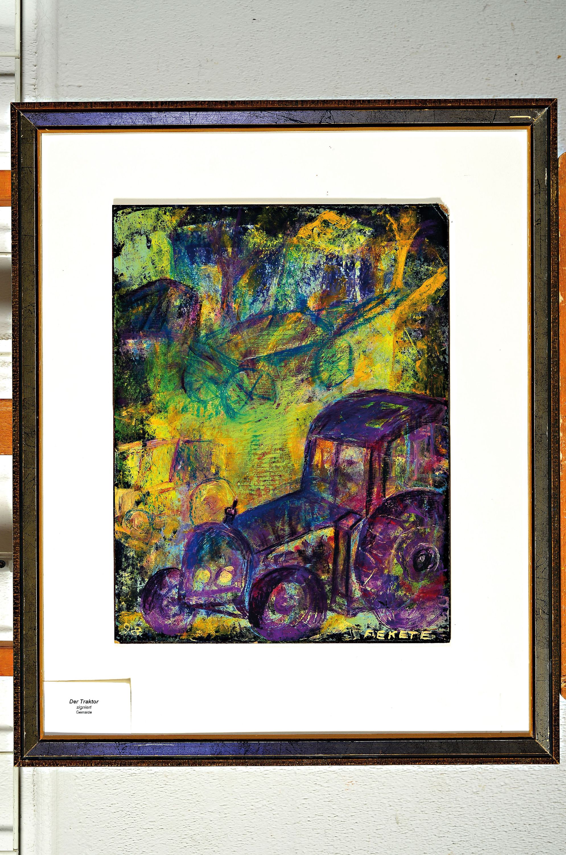 Detail k: Esteban Fekete, 1924-2009, Der Traktor, Mischtechnik auf Papier/Karton, rechts unten signiert, obere rechts Ecke besch., ca. 39x30 cm, PP, R. ca. ...