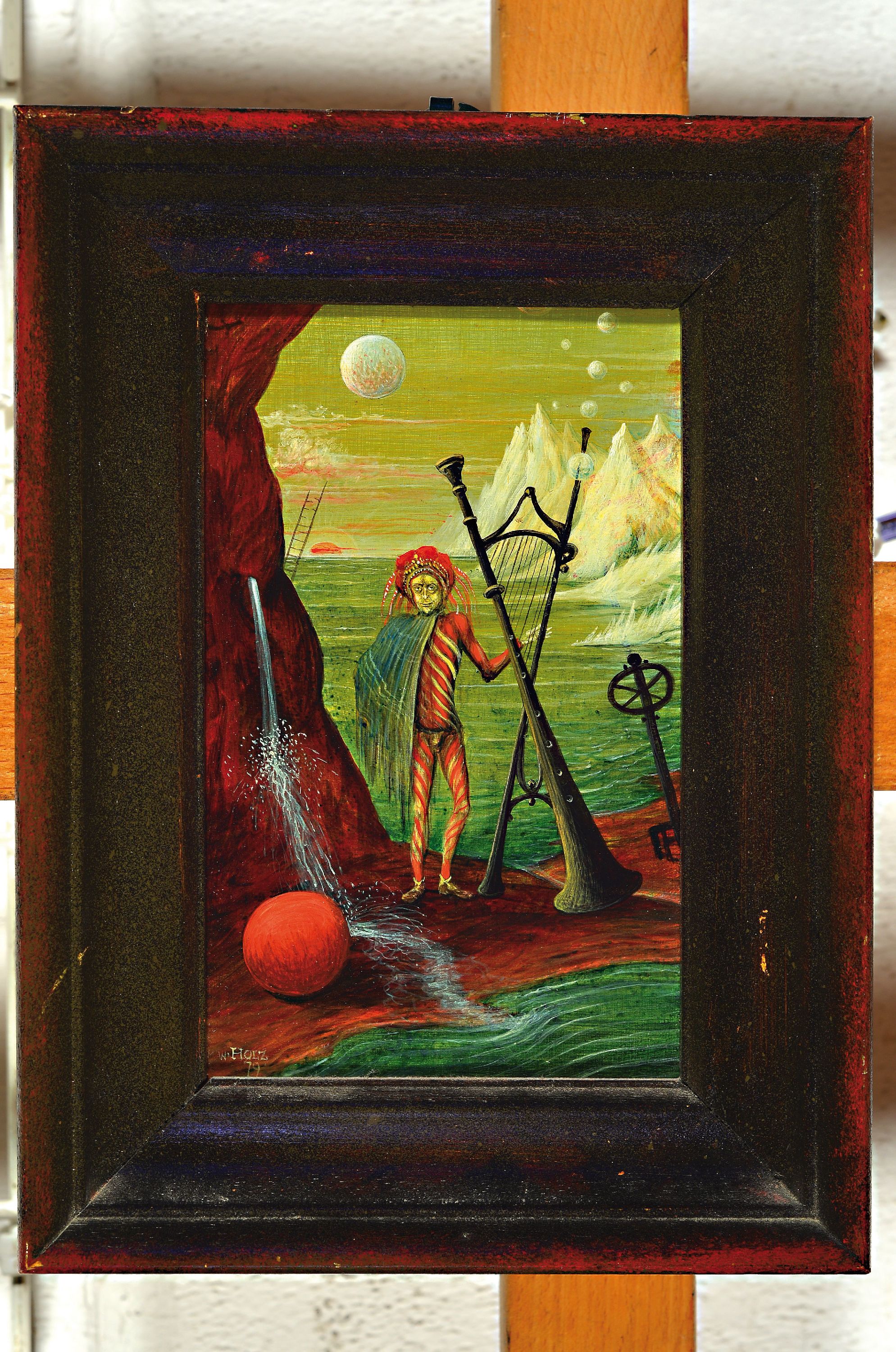 Detail k: Werner Holz, 1948 Grünstadt-1991 Ludwigshafen, Der phantastische Musikant, Öl/Hartfaser, links unten sign. und dat. 79, ca. 17x11cm, R. ca. 25x18cm