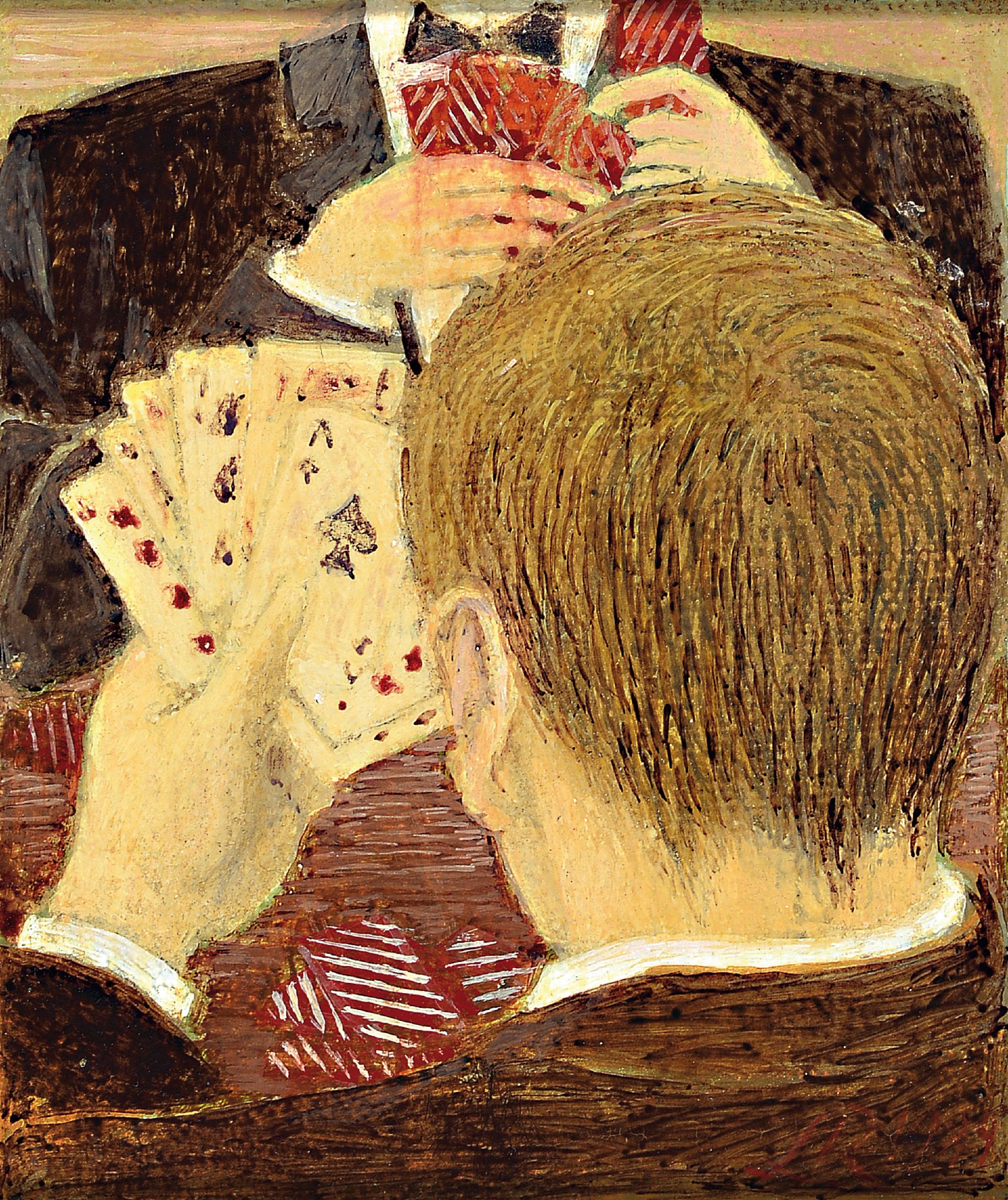 Lutz Raffel, geb. 1943 Ostpreussen, Kartenspiel, Eitempera auf Lwd auf Holz, rückseitig sign., dat. 1984 und betitelt, ca. 15x13cm, R. ca. 23x21cm