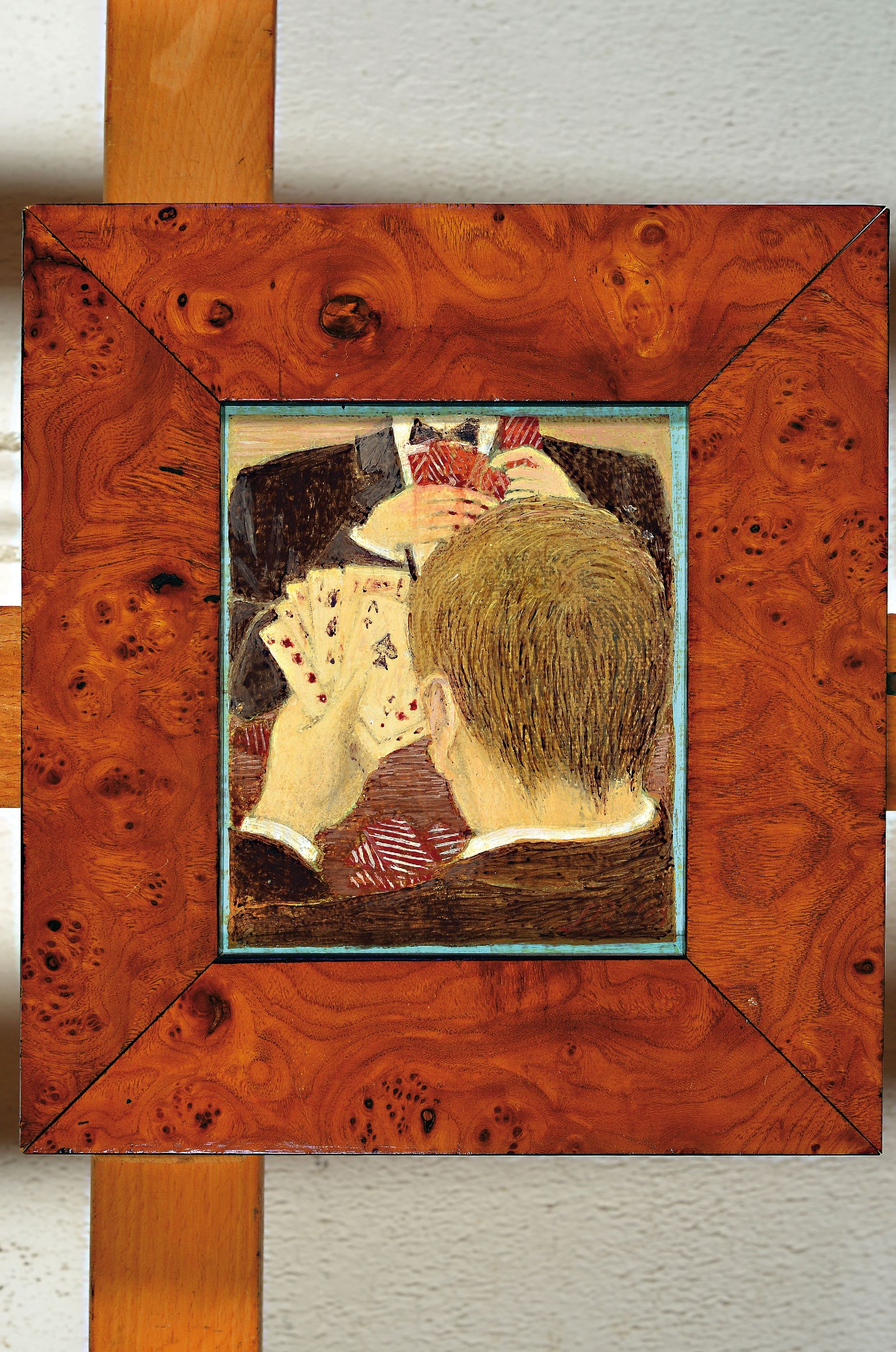 Detail k: Lutz Raffel, geb. 1943 Ostpreussen, Kartenspiel, Eitempera auf Lwd auf Holz, rückseitig sign., dat. 1984 und betitelt, ca. 15x13cm, R. ca. 23x21cm