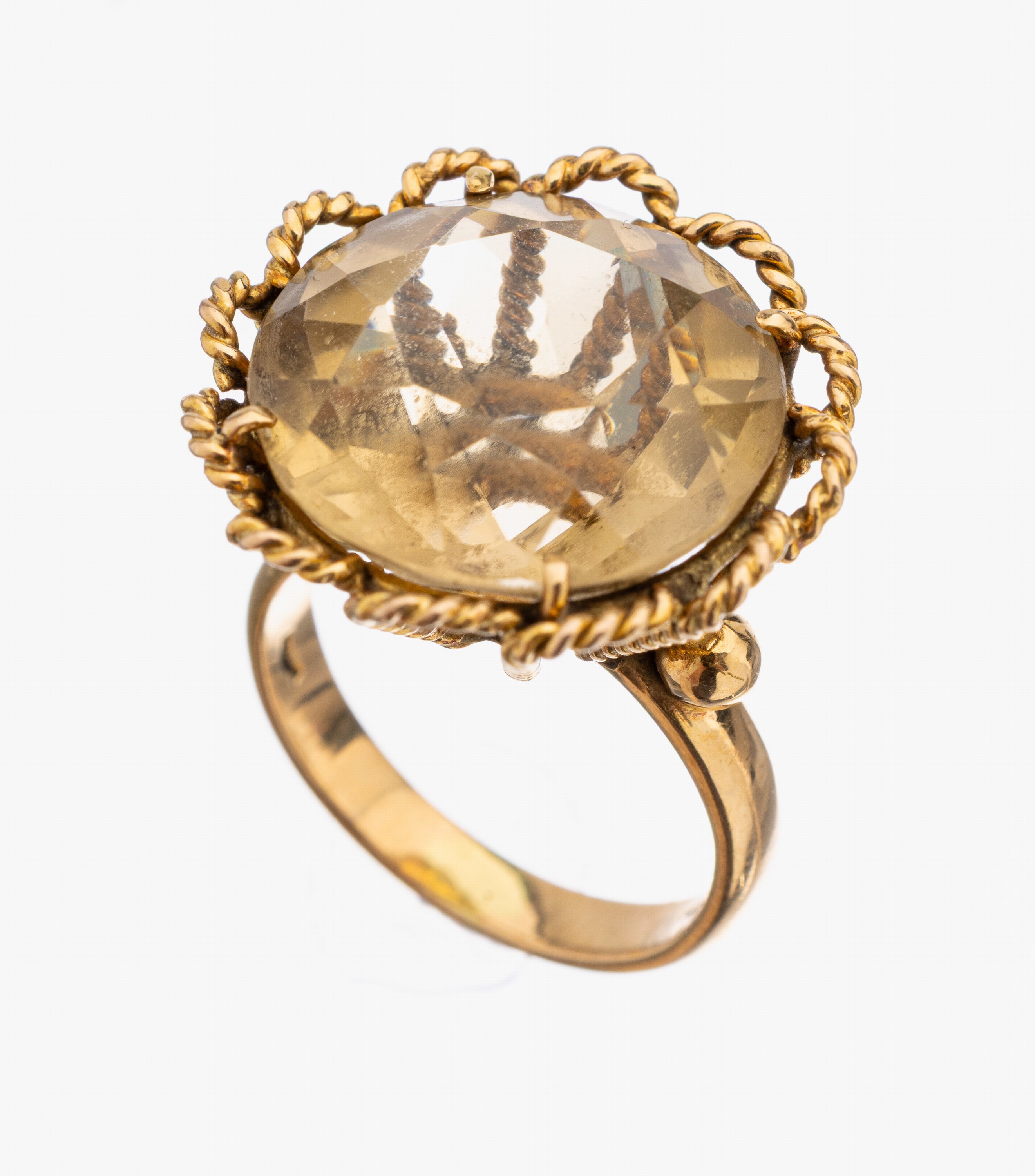 18 kt Gold Citrin-Ring, GG 750/000, außergewöhnliche Gestaltung, rundfacett. Citrin, RW 54, ca. 9.6 g