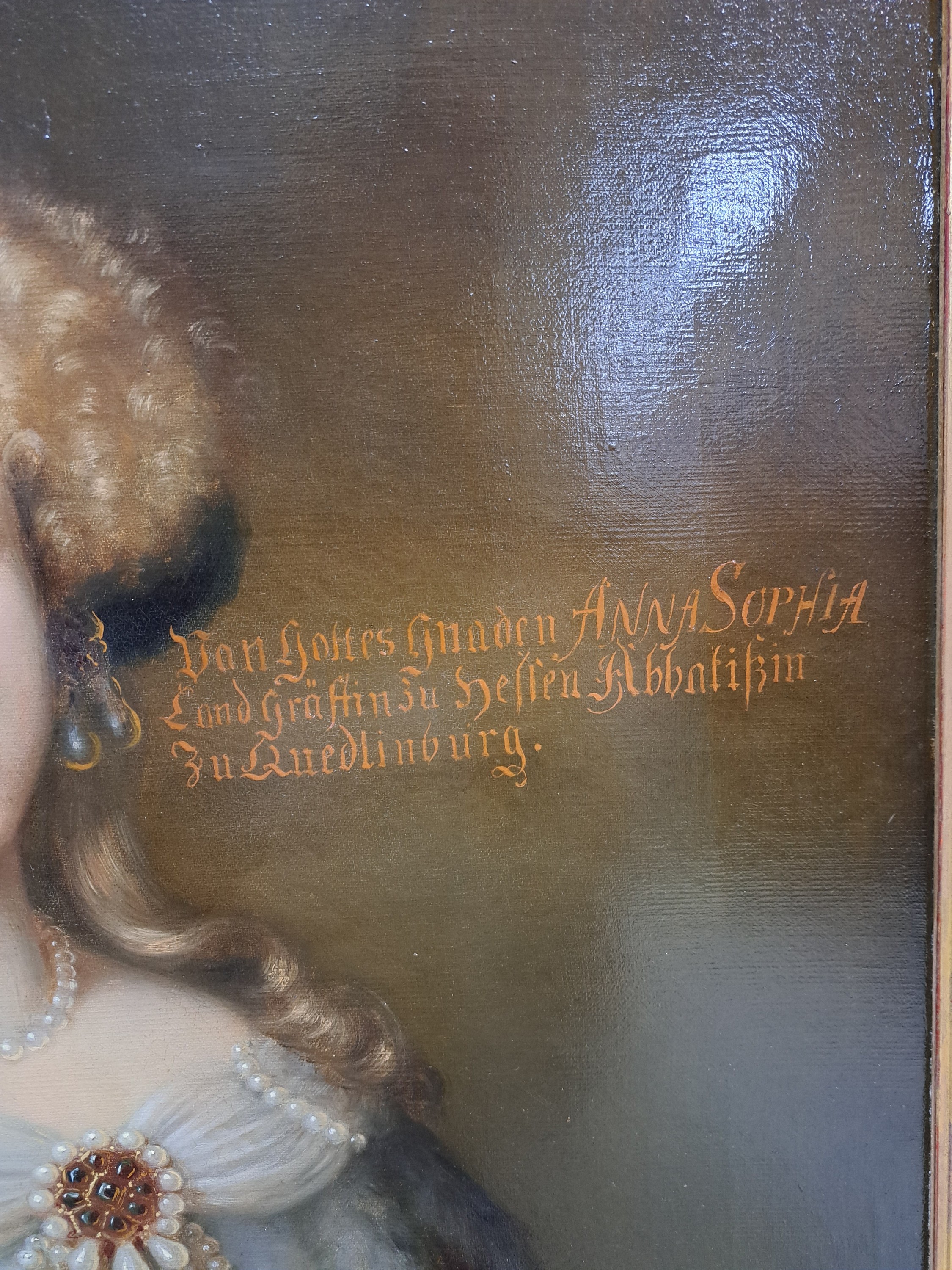 Detail b: Unbekannter Barockmaler, 17./18. Jh., Porträt der Prinzessin Anna Sophia, Tochter des Landgrafen Georg II von Hessen, Äbtissin des Stifts ...