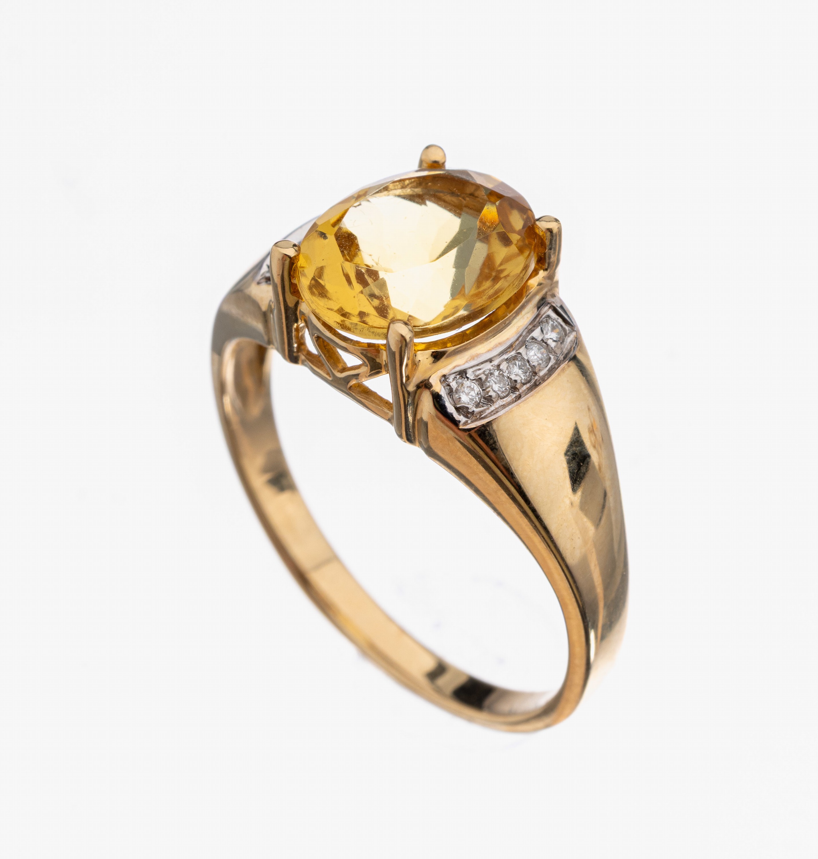 14 kt Gold Gold Beryll-Brillant-Ring, GG 585/000, ovalfacett. Gold Beryll ca. 3.0 ct, 10 Brillanten in rhod. Fassungen zus. ca. 0.05ct Weiß/si, RW ...