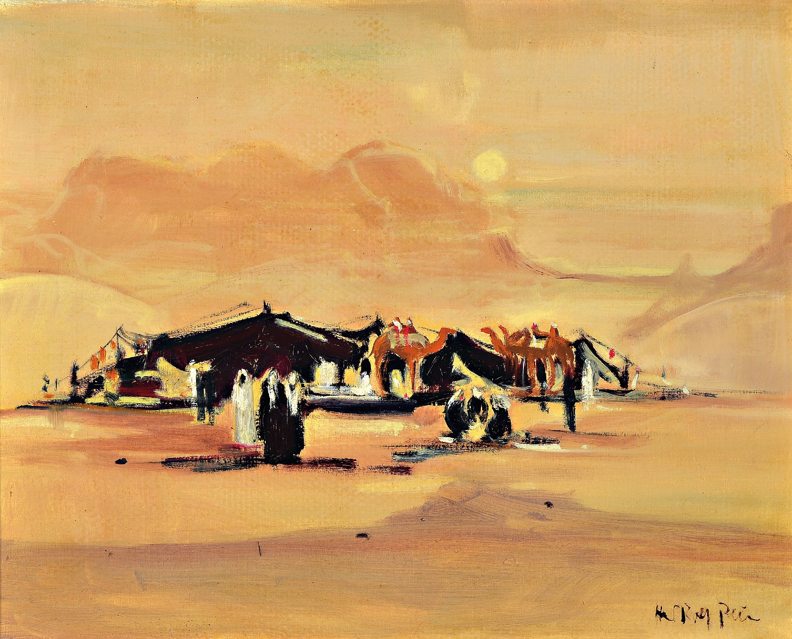 Detail a: Hans Rolf Peter, 1926 - 2020 Neustadt/Wstr. zwei Ölgemälde: Beduinenmarkt in der Sinai- Wüste, Etikett Kunstausstellung der Münchener ...