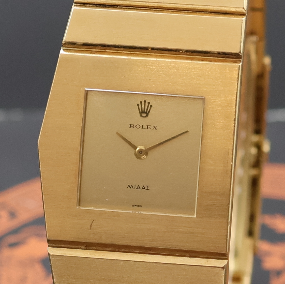 Detail a: ROLEX seltene Herrenarmbanduhr King Midas Nummer 407 der ersten Serie Referenz 9630, Handaufzug, massives, asymmetrisches GG 750/000 Geh. in Form ...