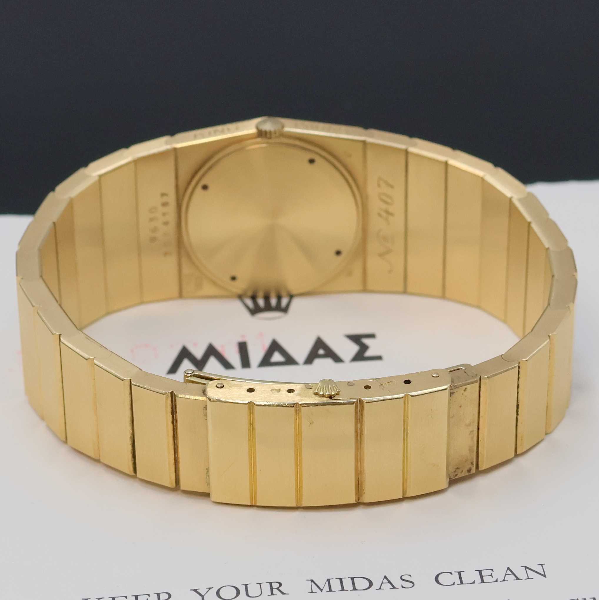 Detail b: ROLEX seltene Herrenarmbanduhr King Midas Nummer 407 der ersten Serie Referenz 9630, Handaufzug, massives, asymmetrisches GG 750/000 Geh. in Form ...