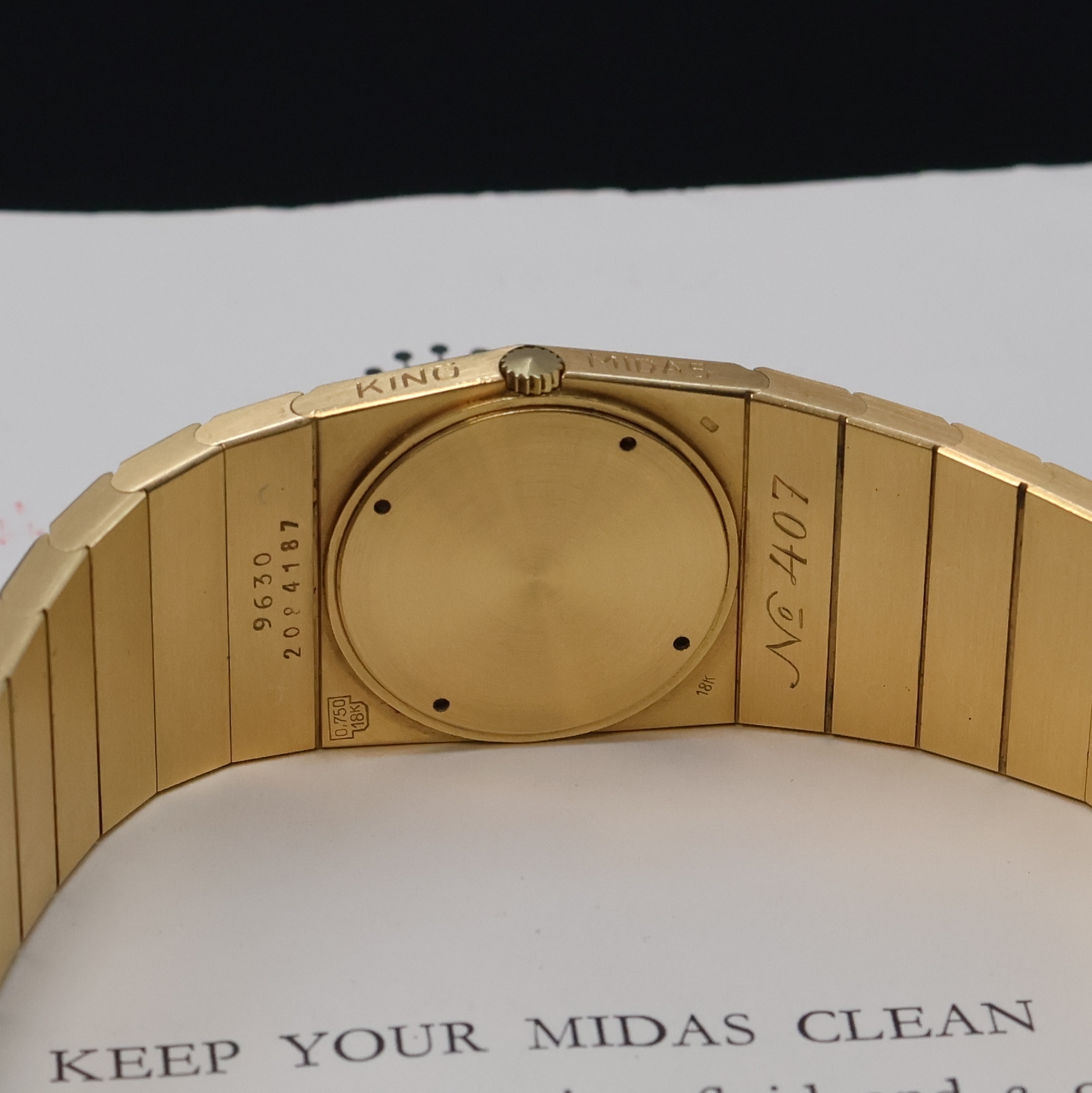 Detail g: ROLEX seltene Herrenarmbanduhr King Midas Nummer 407 der ersten Serie Referenz 9630, Handaufzug, massives, asymmetrisches GG 750/000 Geh. in Form ...