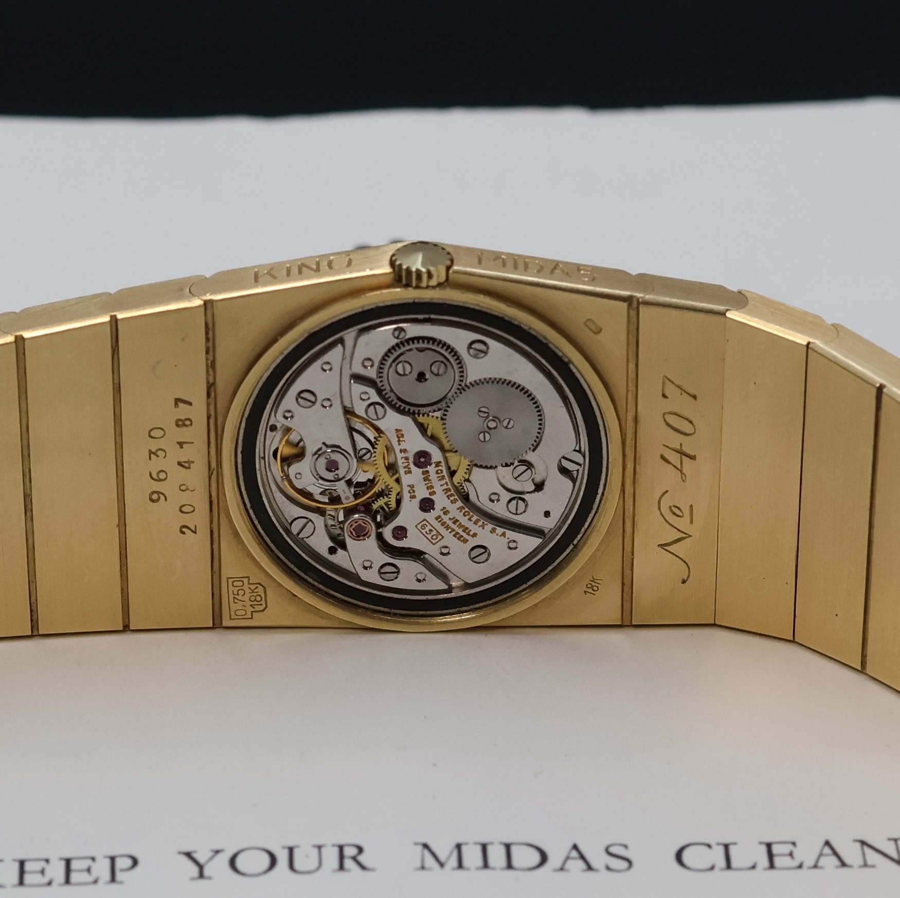 Detail h: ROLEX seltene Herrenarmbanduhr King Midas Nummer 407 der ersten Serie Referenz 9630, Handaufzug, massives, asymmetrisches GG 750/000 Geh. in Form ...
