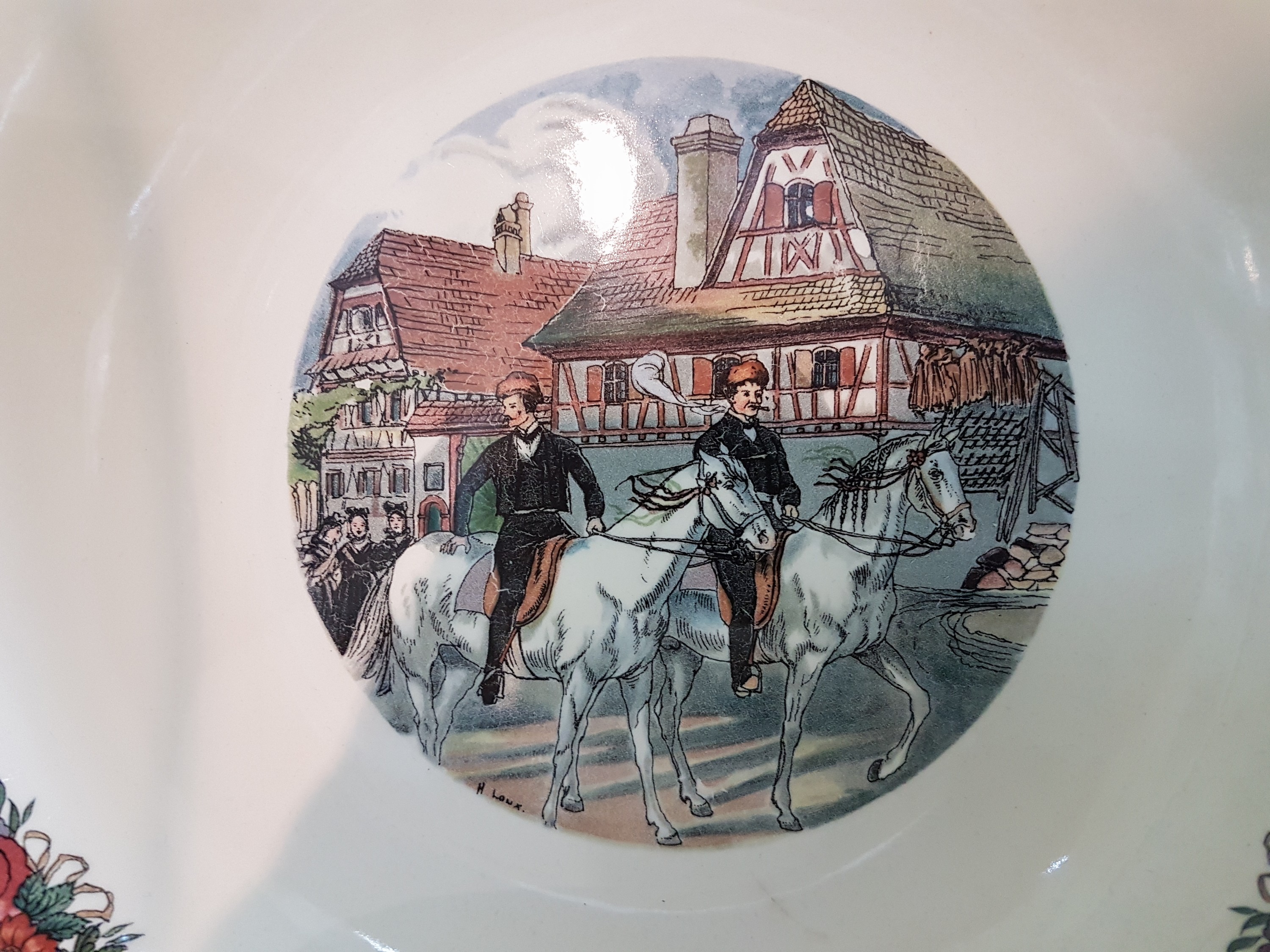 Detail g: Umfangreiches Kaffee- und Speiseservice Sarreguemines, "Obernai", 2. Hälfte 20. Jh., Keramik, bunter Dekor mit Motiven nach H. Loux mit ...