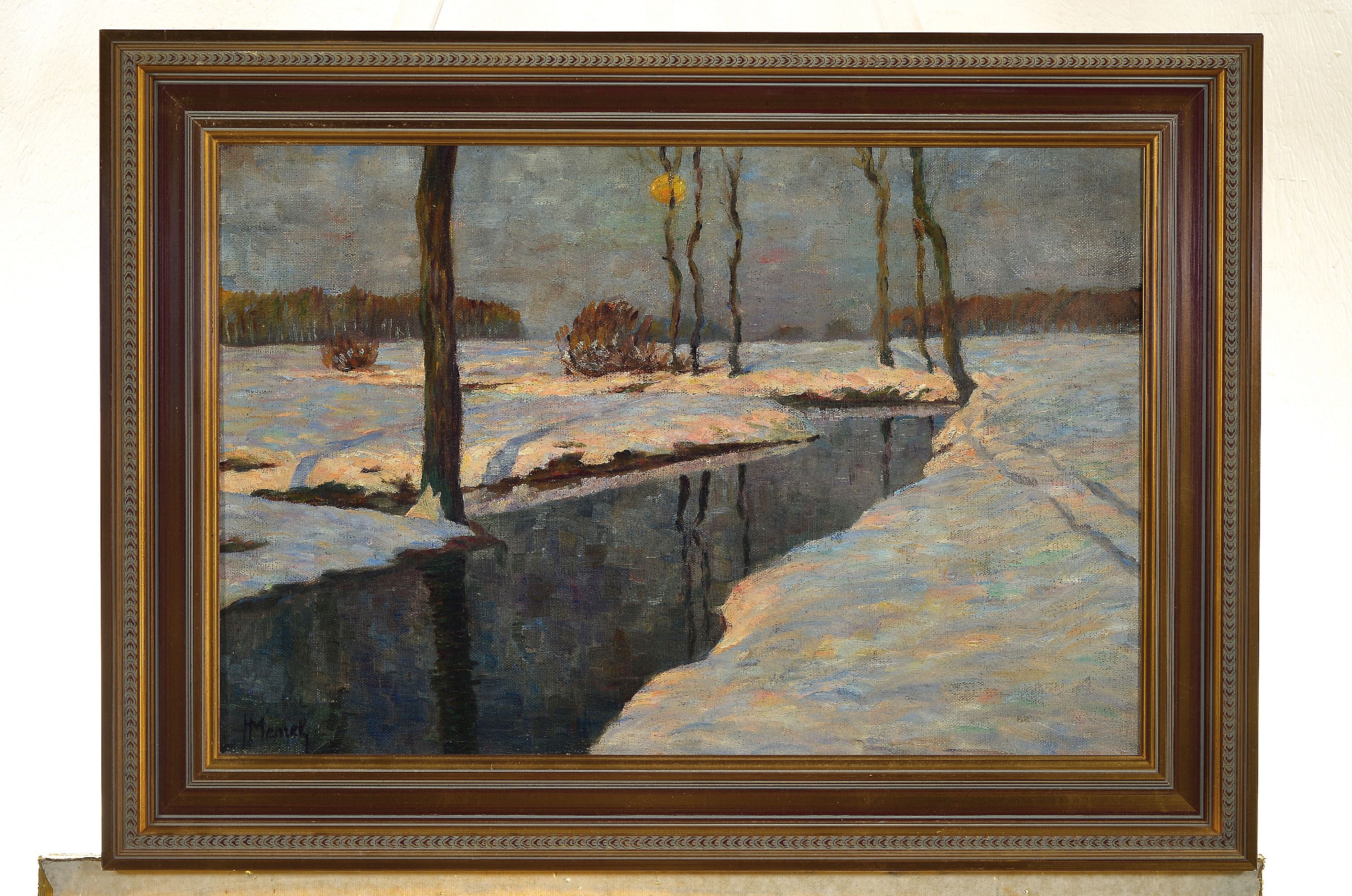 Detail k: H. Memel o.ä., wohl 20/30er Jahre, winterliche Bachlandschaft mit Bäumen, reiche Farbdifferenzierung im Schnee, li. unten signiert, ca. 41 x 60 cm, ...