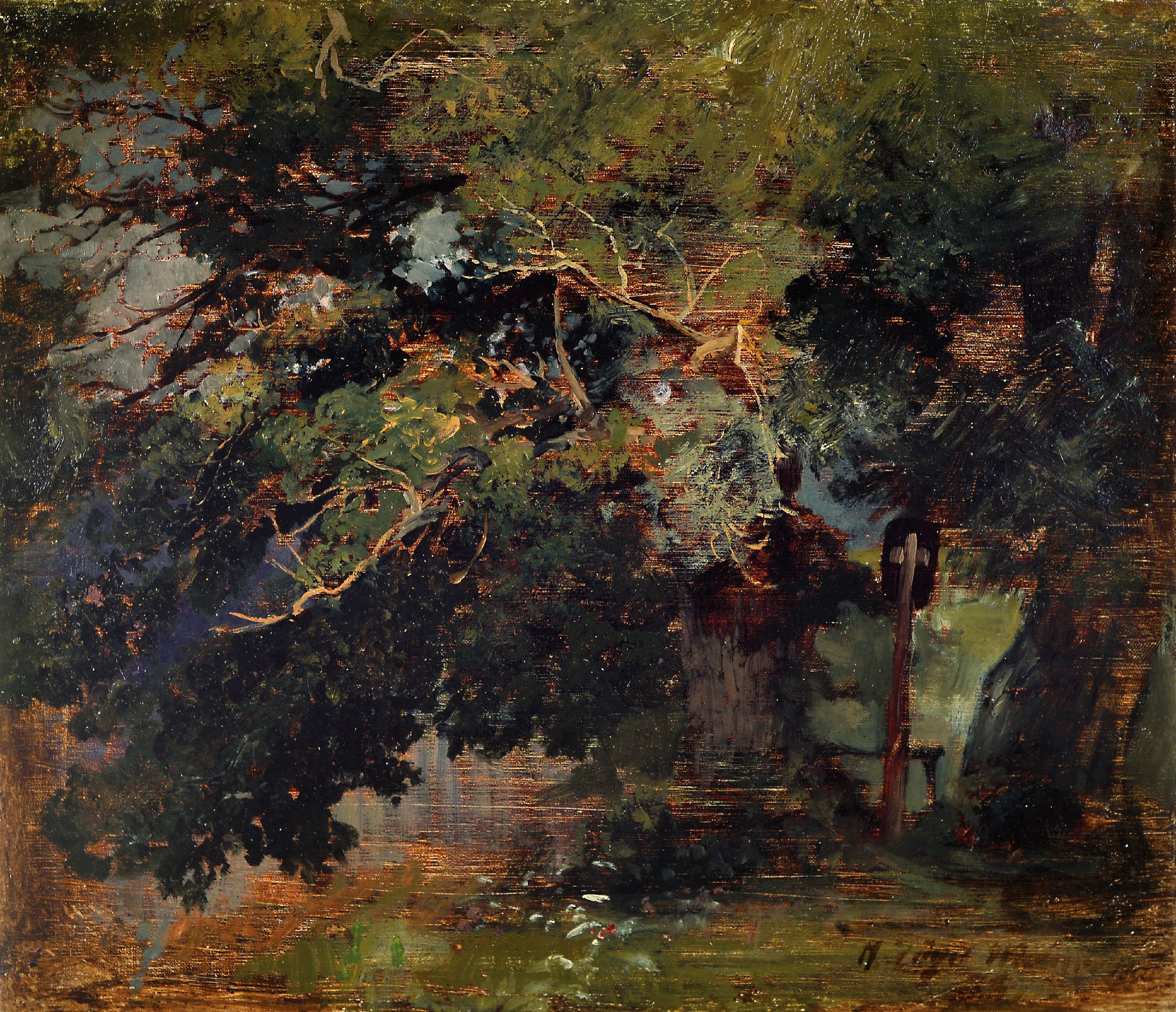 Heinrich von Zügel, 1850 Murrhardt - 1941 München, Studie, Baumgruppe mit Marterl, signiert mit Ortsbezeichnung Murrhardt und dat. 79, rückseitig ...