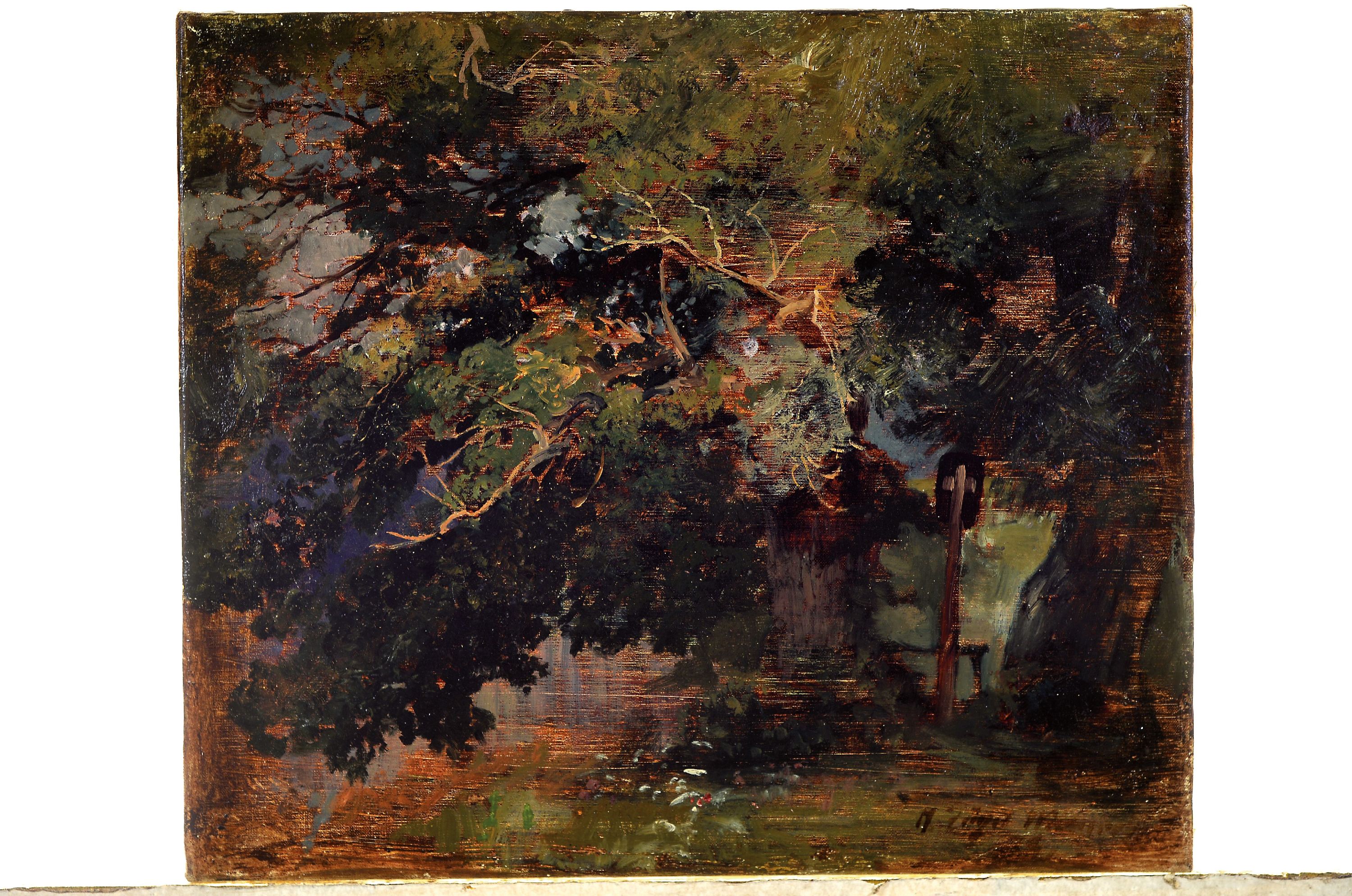 Detail k: Heinrich von Zügel, 1850 Murrhardt - 1941 München, Studie, Baumgruppe mit Marterl, signiert mit Ortsbezeichnung Murrhardt und dat. 79, rückseitig ...