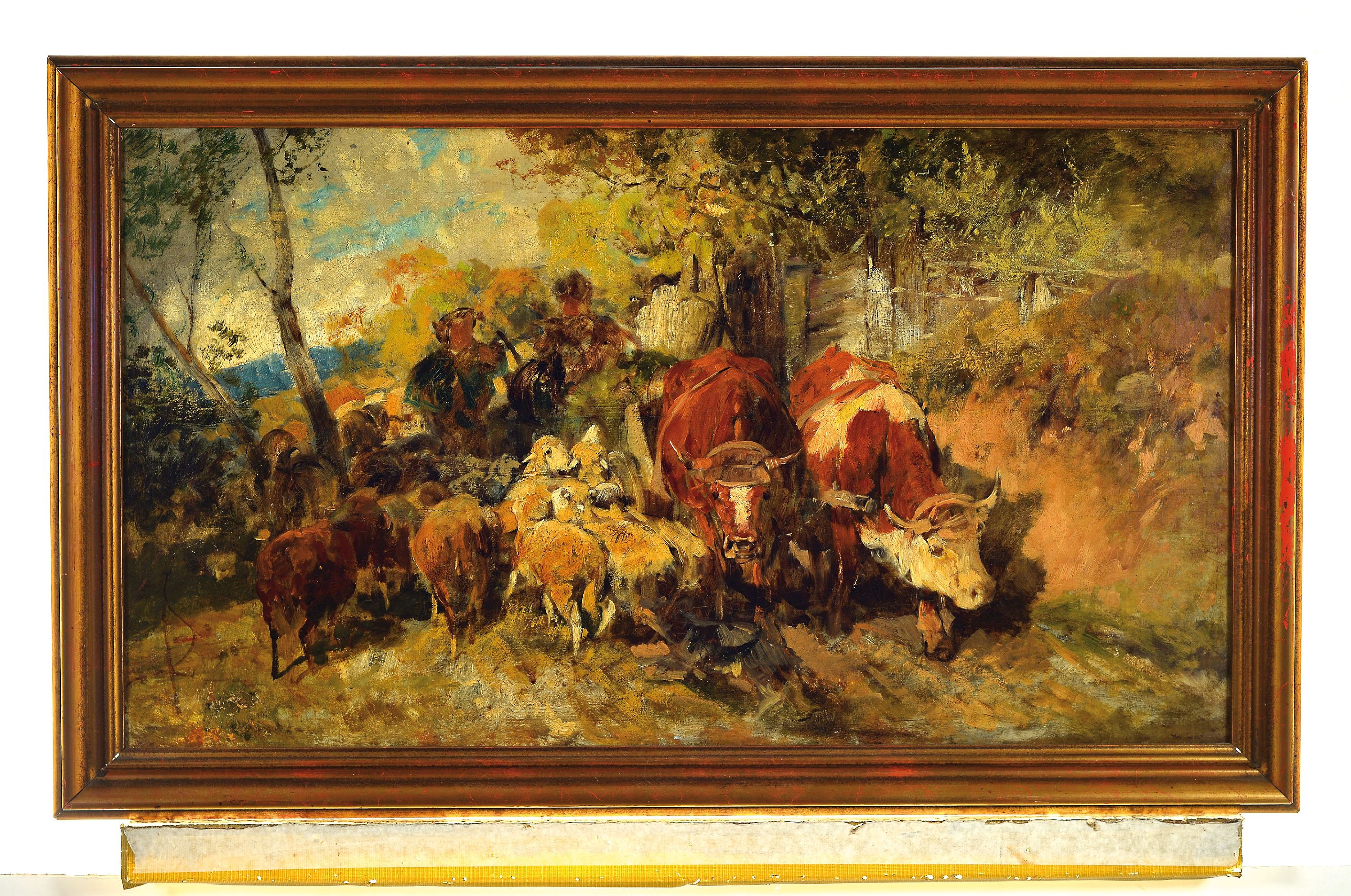 Detail k: Zuschreibung Heinrich von Zügel, 1850 Murrhardt - 1941 München, Austrieb der Herde, Öl/Lwd, doubliert, unsigniert, ältere Restaurierung, ca. 44 x ...
