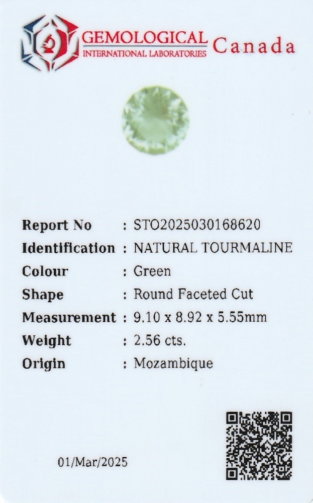 Detail c: Loser Turmalin 2.56 ct, rundfacett., Herkunft Mosambik, mit Expertise von Gemmological International Laboratories Canada