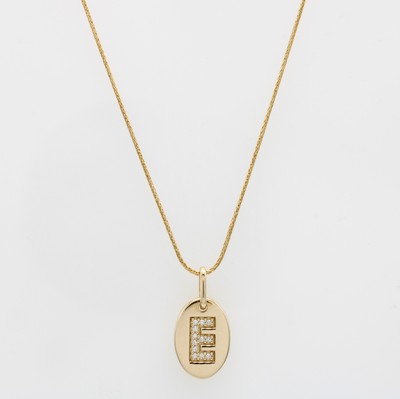 Image Anhänger "E" mit Brillanten an Kette, GG 585/000, ovale Platte, 12 Brill. ...