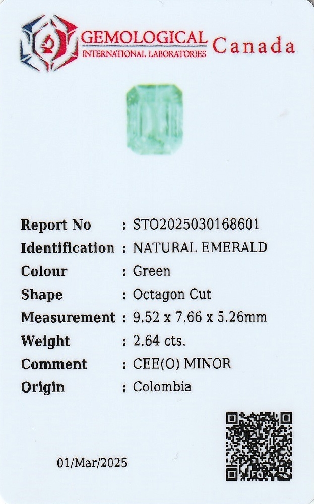 Detail c: Loser Smaragd, ca. 2.64 ct, oktogonaler Treppenschliff, Herkunft Kolumbien, mit Expertise von Gemmological International Laboratories Canada