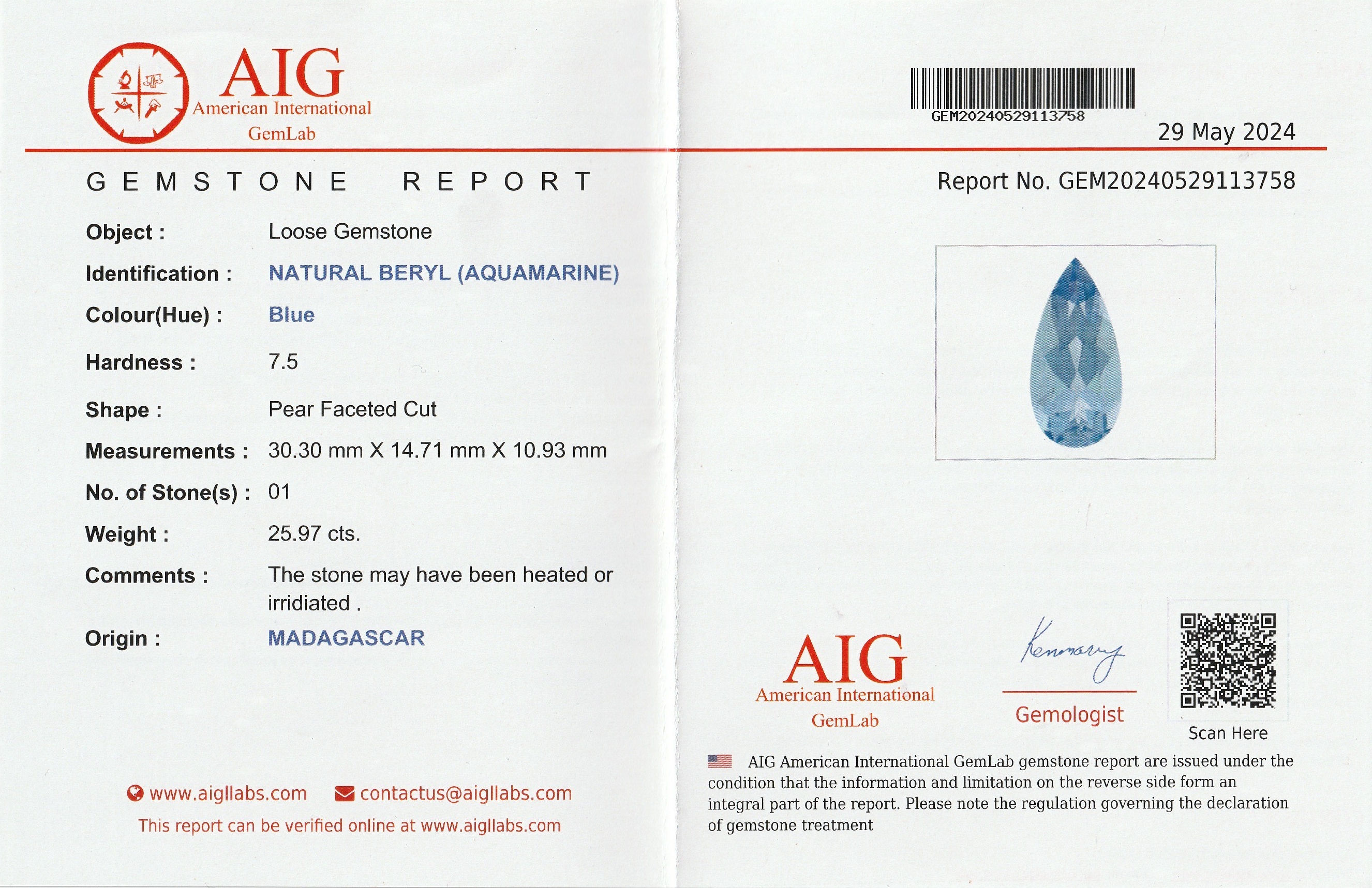 Detail c: Loser Aquamarin, ca. 25.9 ct, facett. Tropfenschliff, Madagaskar, schöne Farbe (beh.), ca. 30.3 x 14.7 x 10.9 mm, mit AIG -Expertise