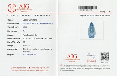 26937718c - Loser Aquamarin, ca. 25.9 ct, facett. Tropfenschliff, Madagaskar, schöne Farbe ...