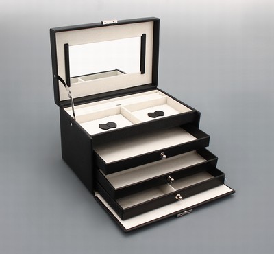 26937820a - Schmuckkoffer aus schwarzem Kunstleder, Kreuznarbenoptik, hellgraue Inneneinrichtung, 3 ...